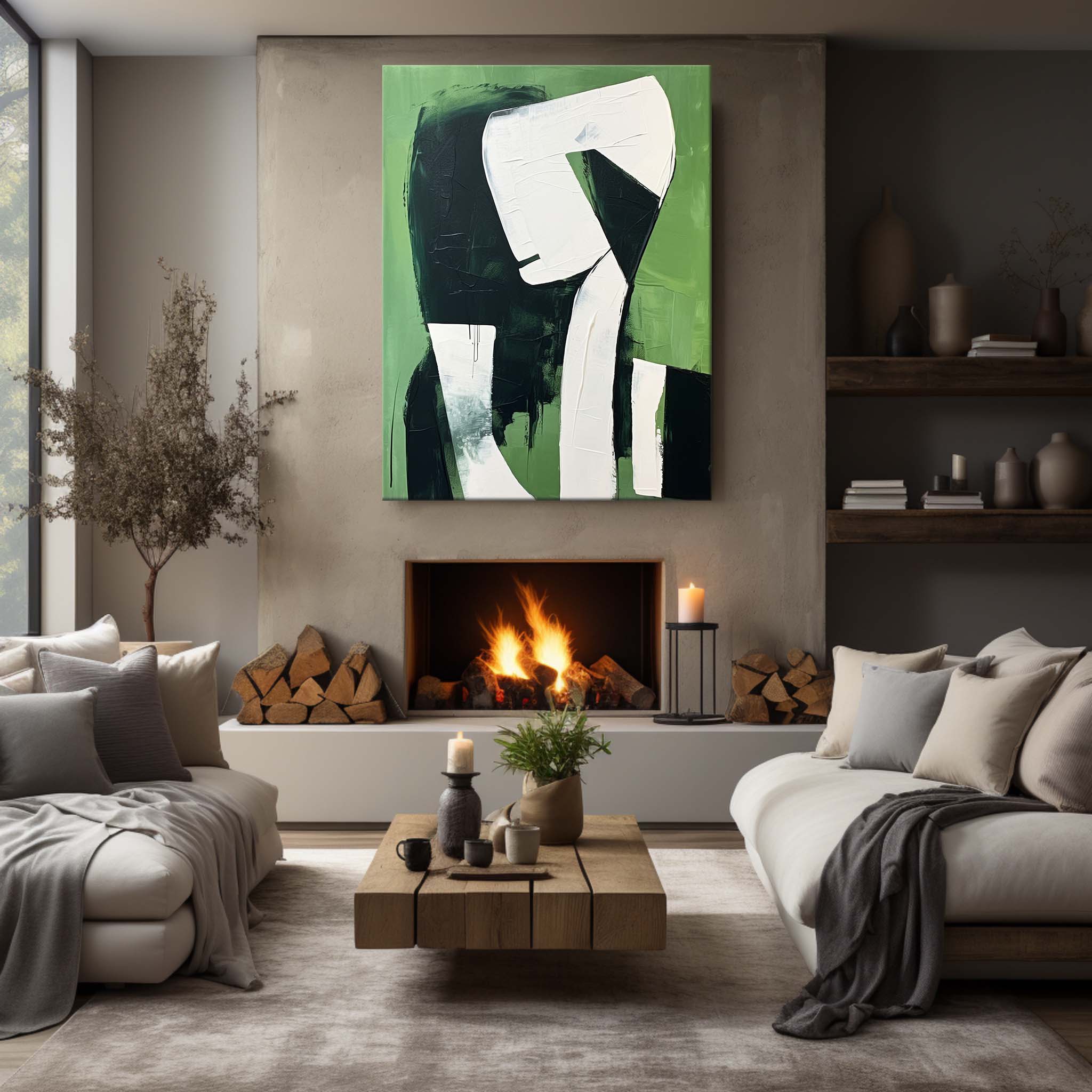 Large Green and White Contemporary Minimalist Oil Painting Original Artist Green and White Wall Art