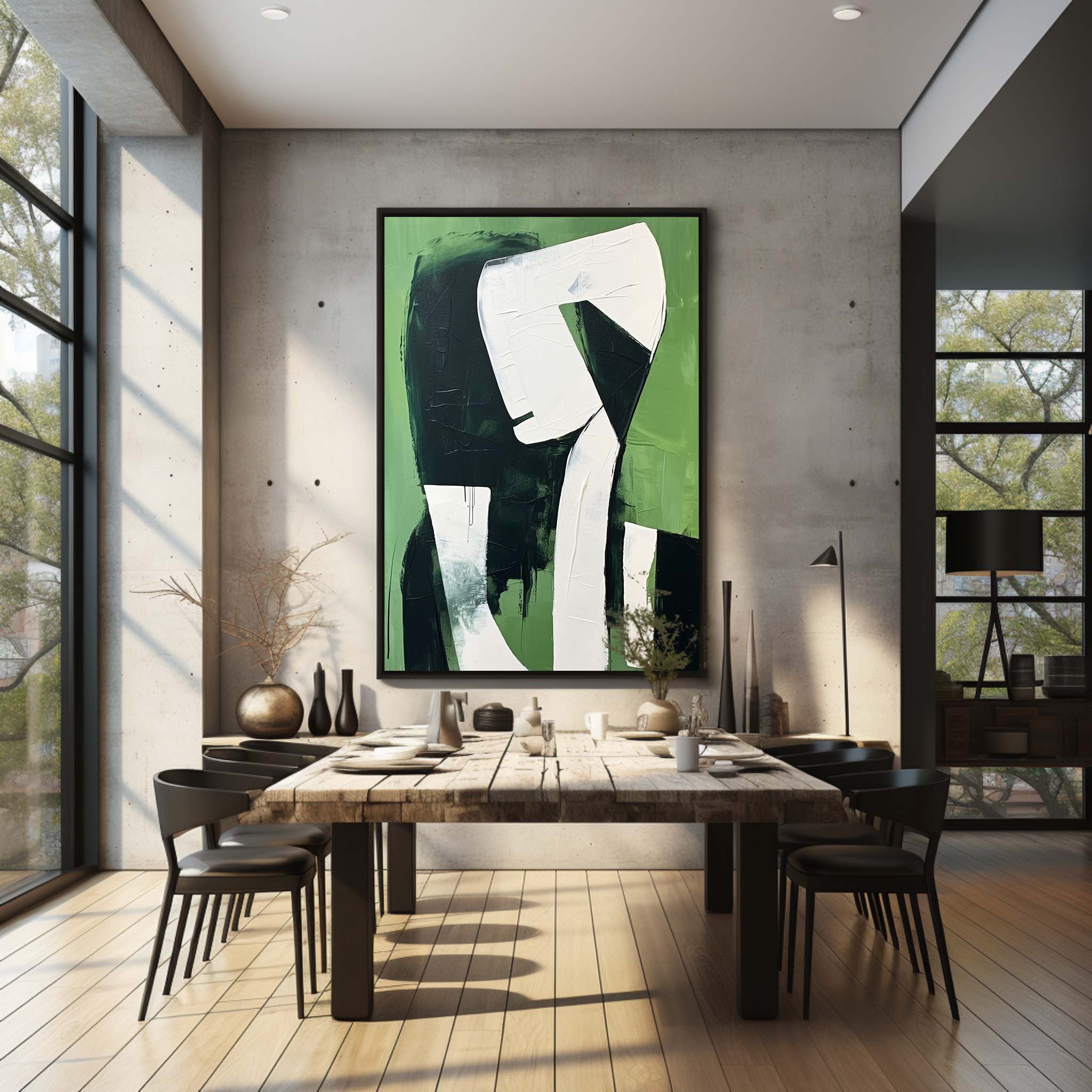 Large Green and White Contemporary Minimalist Oil Painting Original Artist Green and White Wall Art