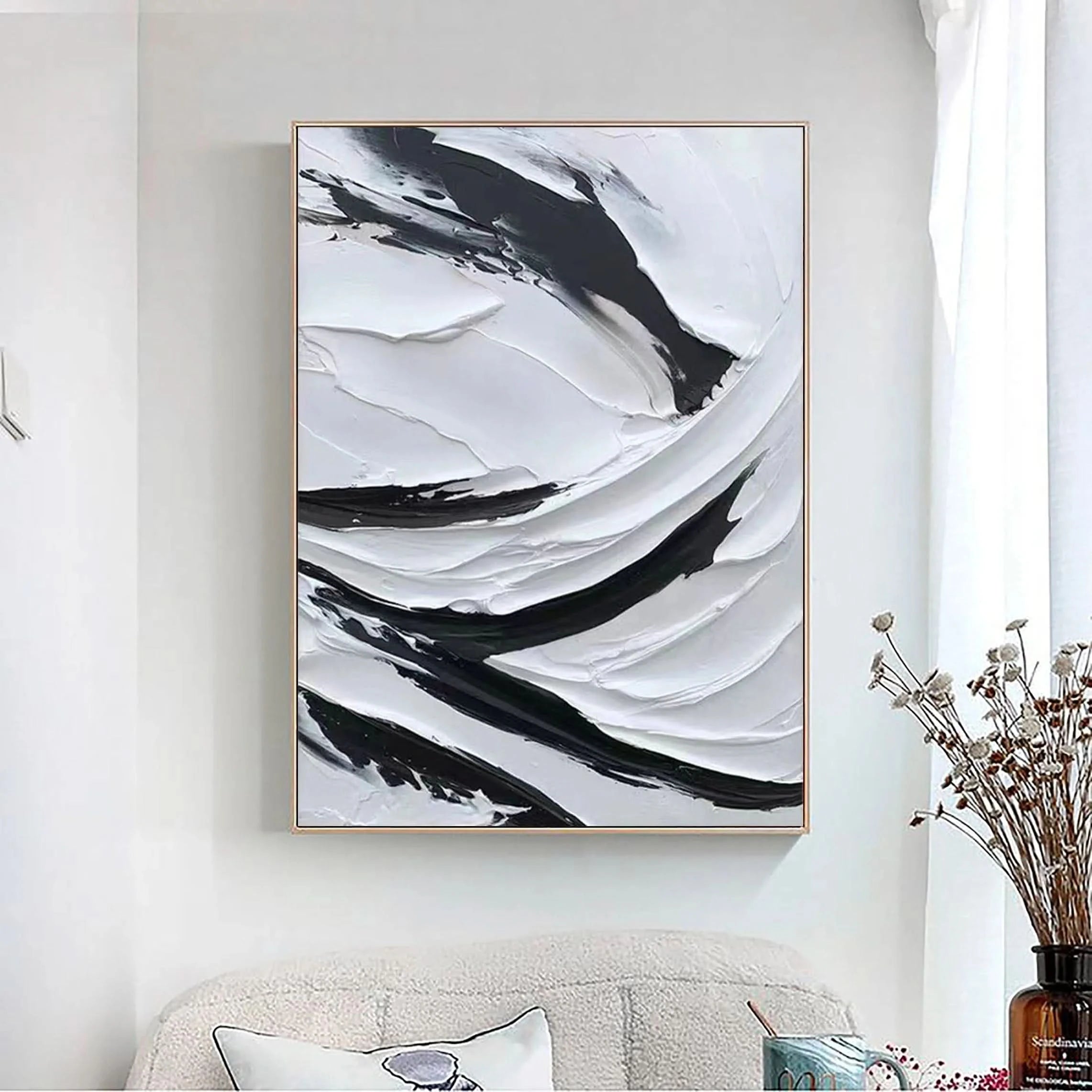 Black and White Plaster Art Textured Painting on Canvas Wall Decor