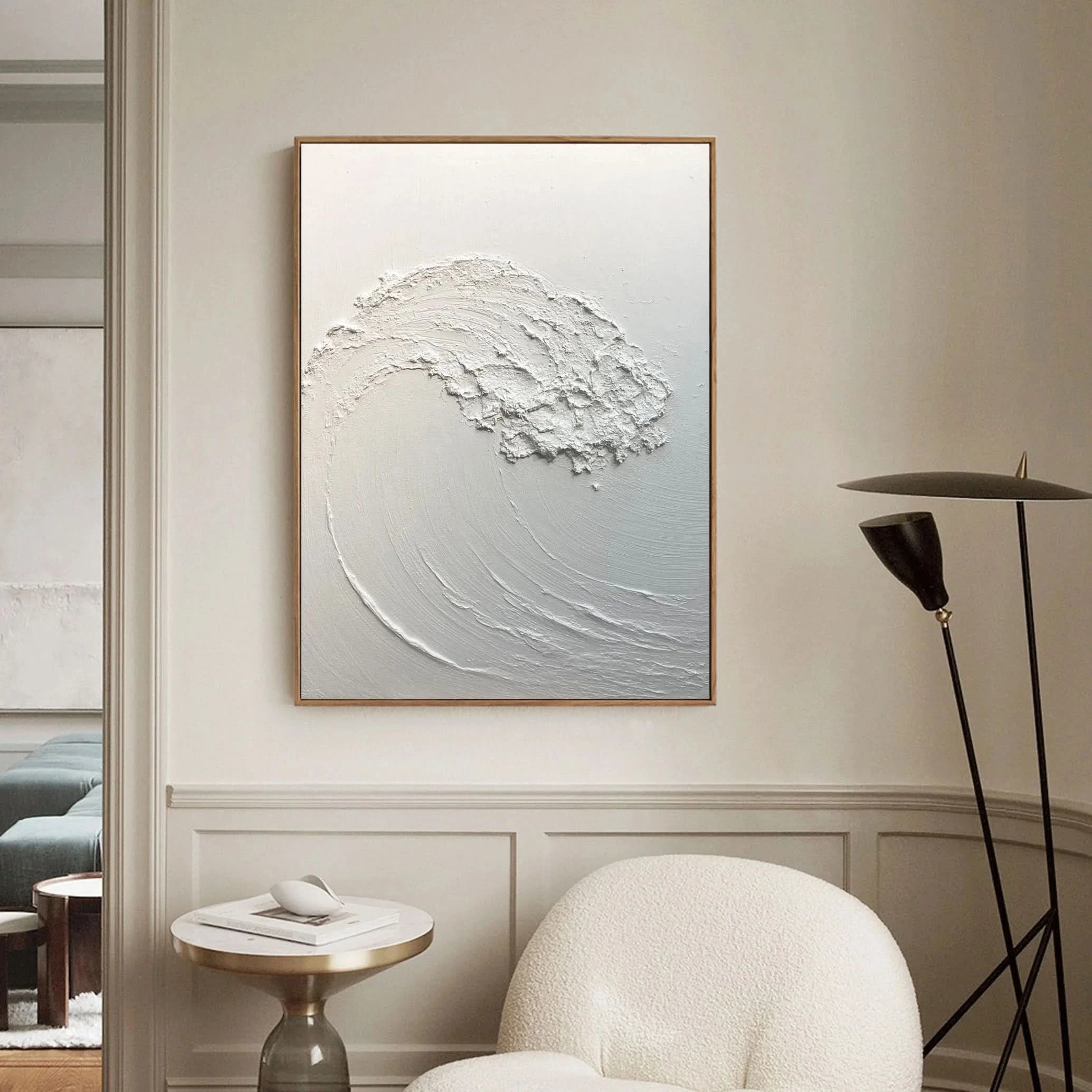 White Sea Waves Minimalist Textured Plaster Painting for Home Decor