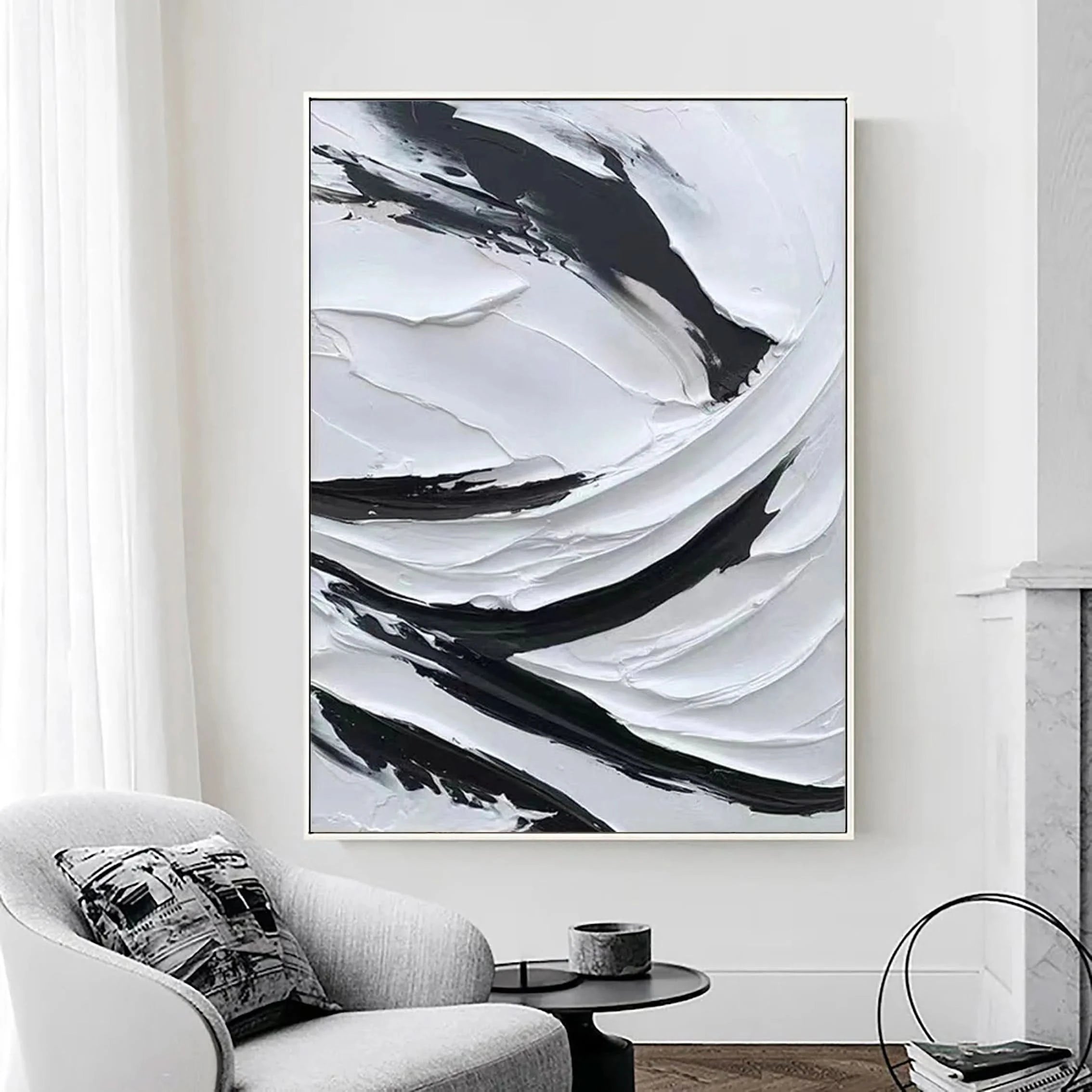Black and White Plaster Art Textured Painting on Canvas Wall Decor
