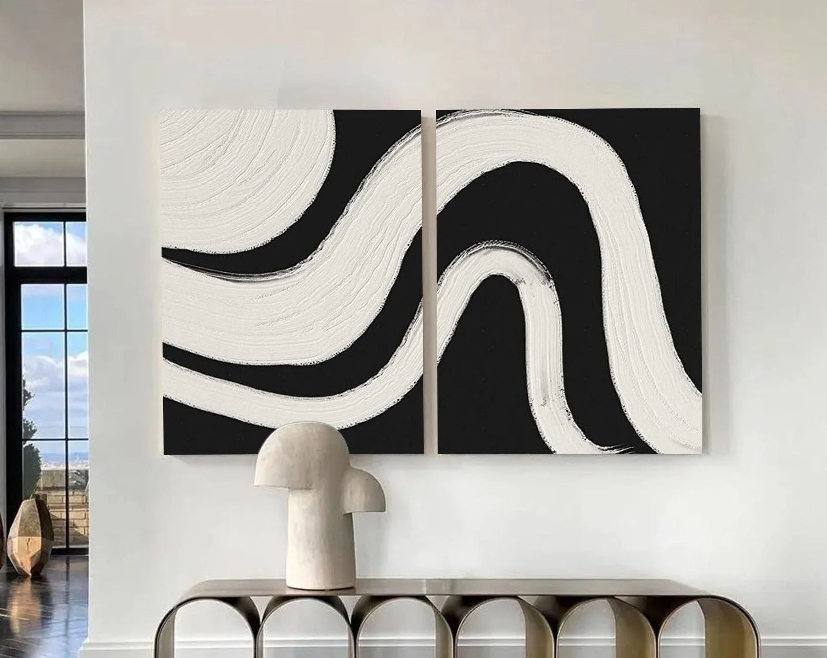Geometrical Curved Wabi Sabi Abstract Painting Black White Artwork Set of 2