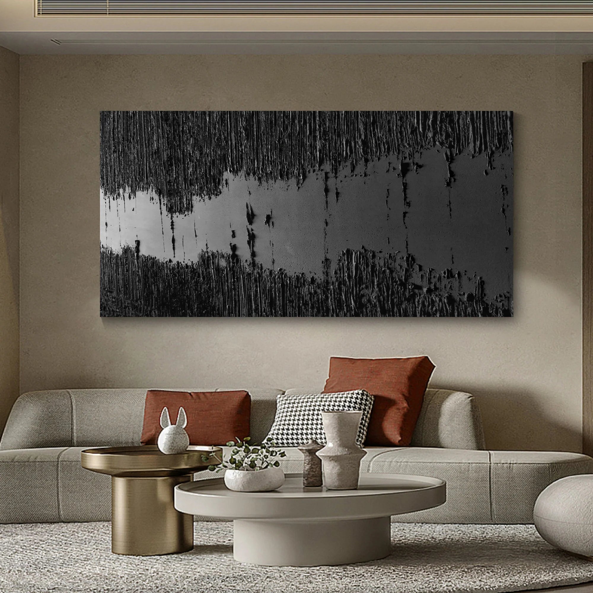 Black 3D Textured River Minimalist Painting on Canvas for Wall Decro