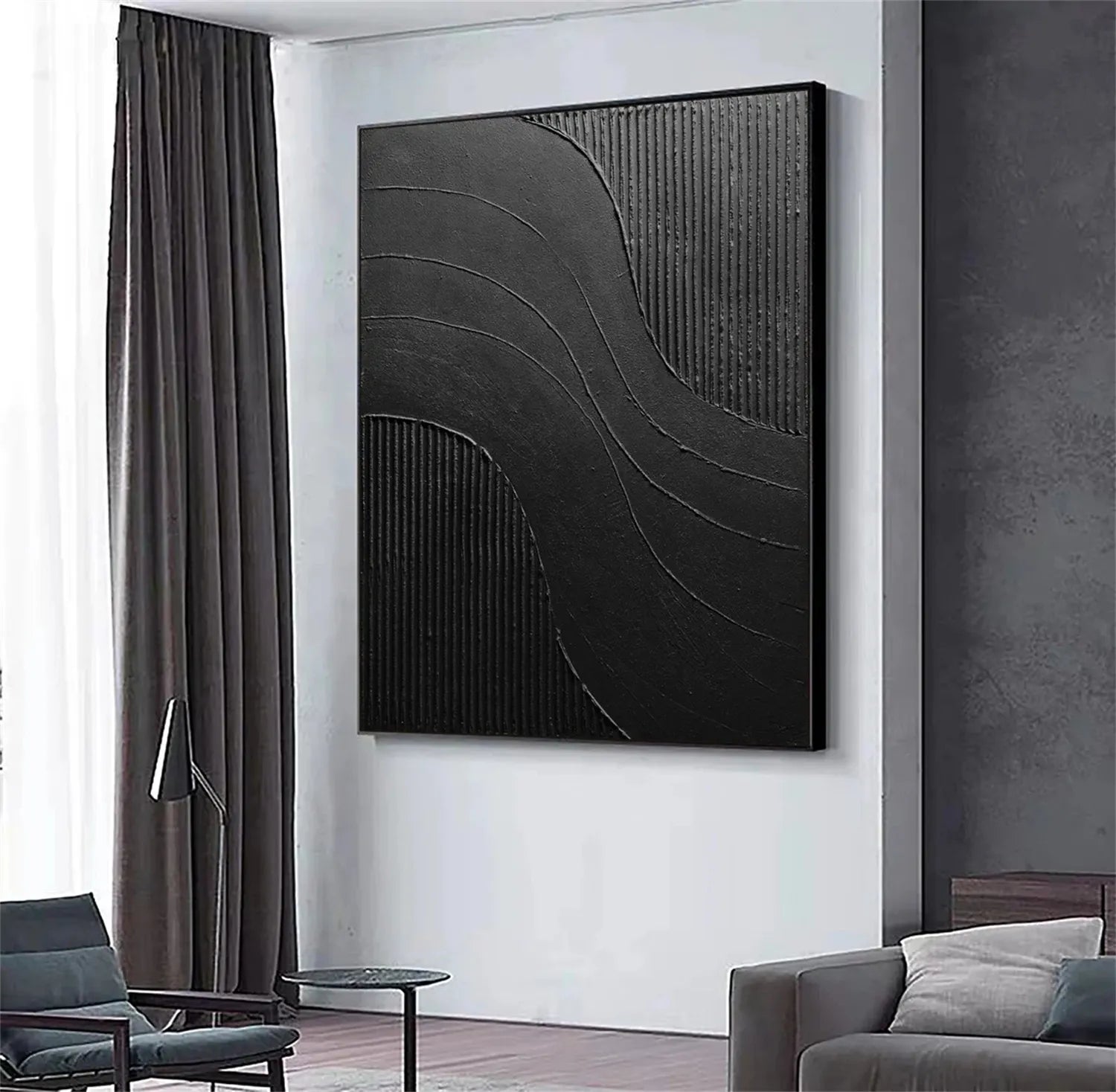Black Minimalist Textured Painting Canvas #MZ104