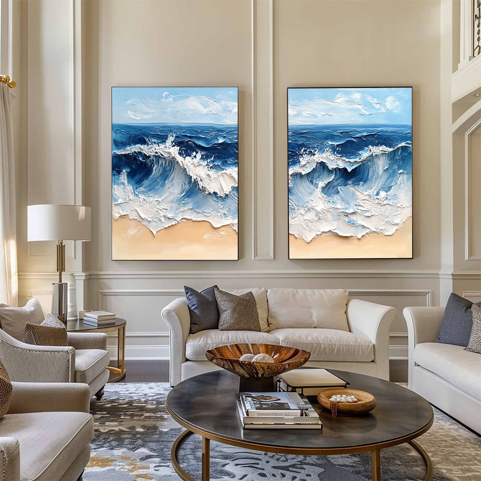 Dynamic Ocean Wave Canvas Art Textured Sea Painting Set Of 2 #OS 076