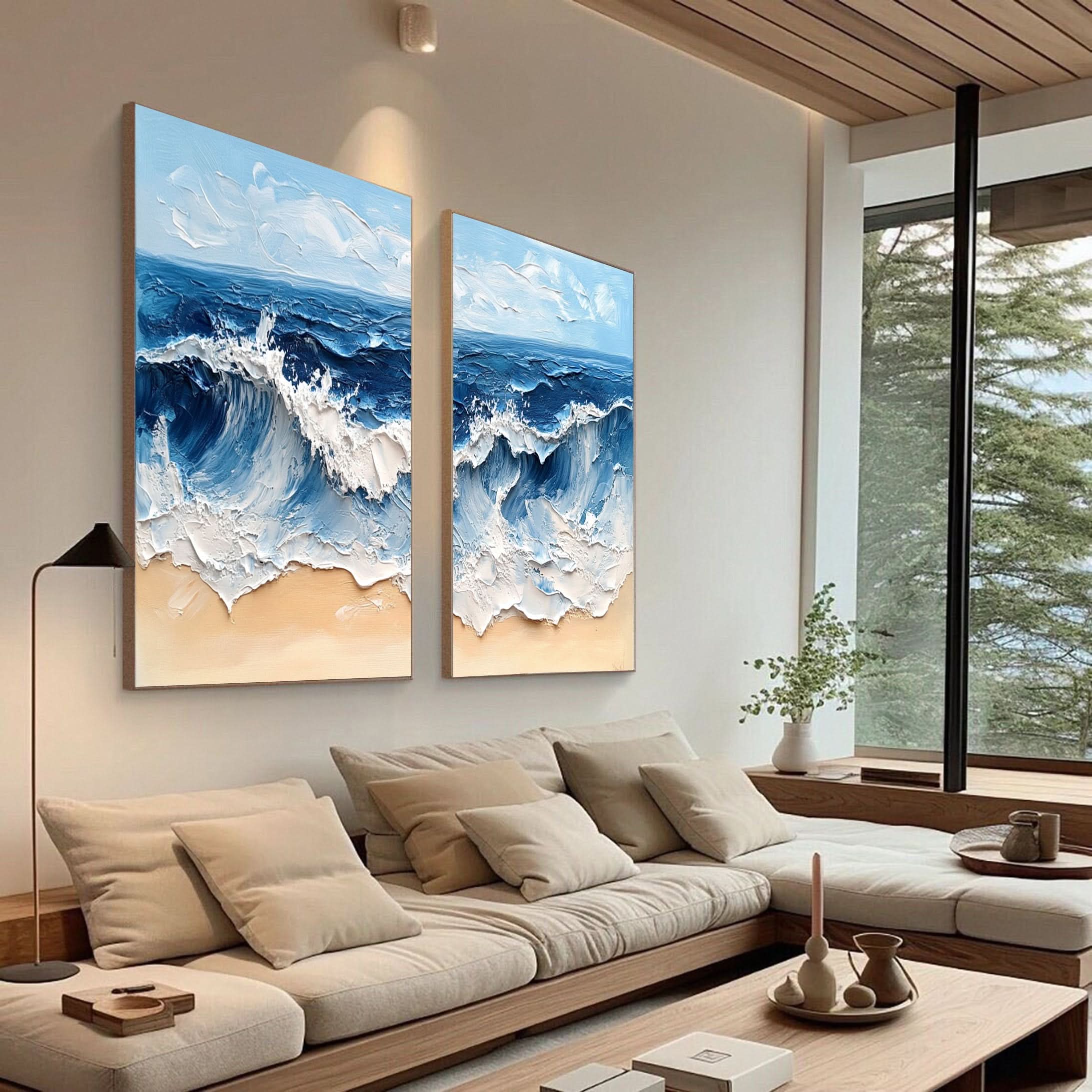 Dynamic Ocean Wave Canvas Art Textured Sea Painting Set Of 2 #OS 076