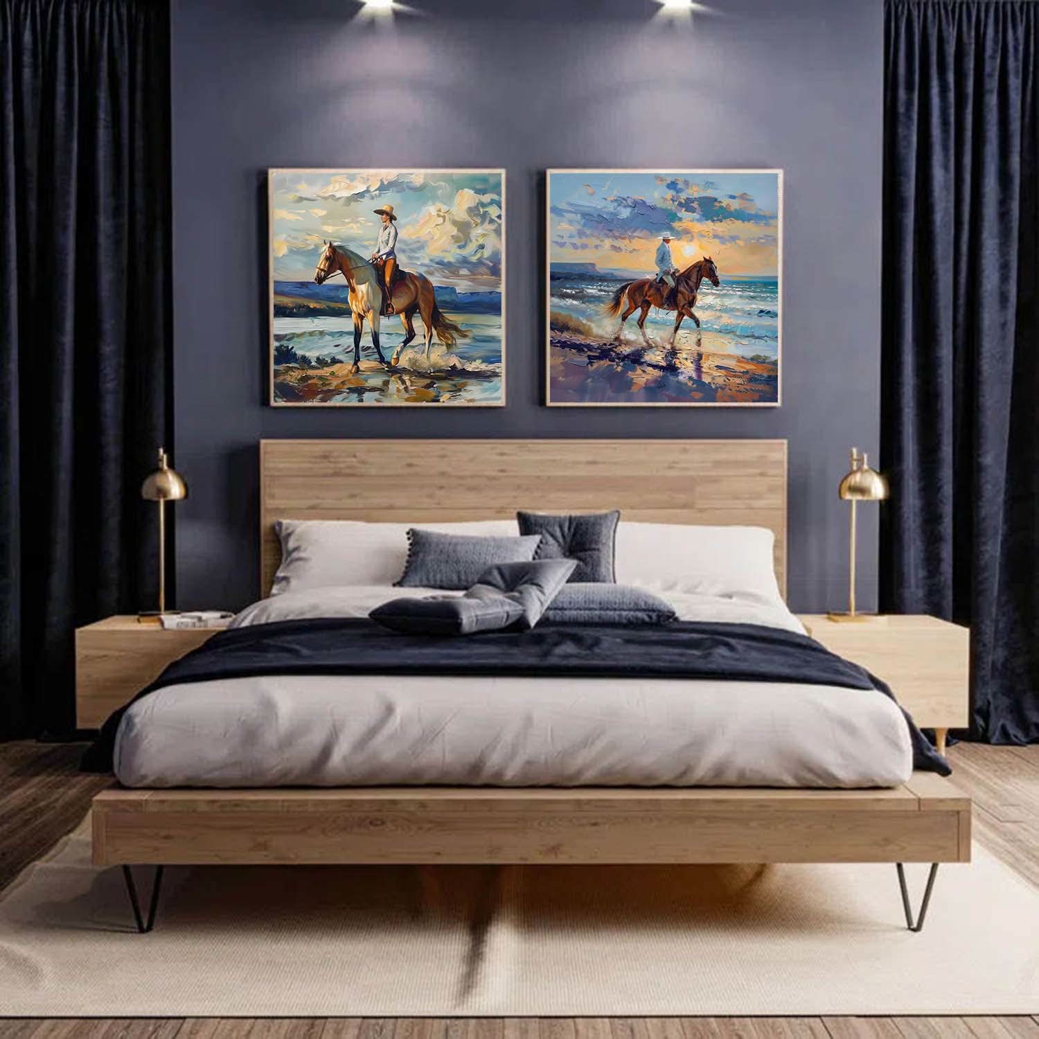 Seaside Horse Riding Canvas Wall Painting Decoration 2-Piece Set Colorful Equestrian Strolling Canvas Art