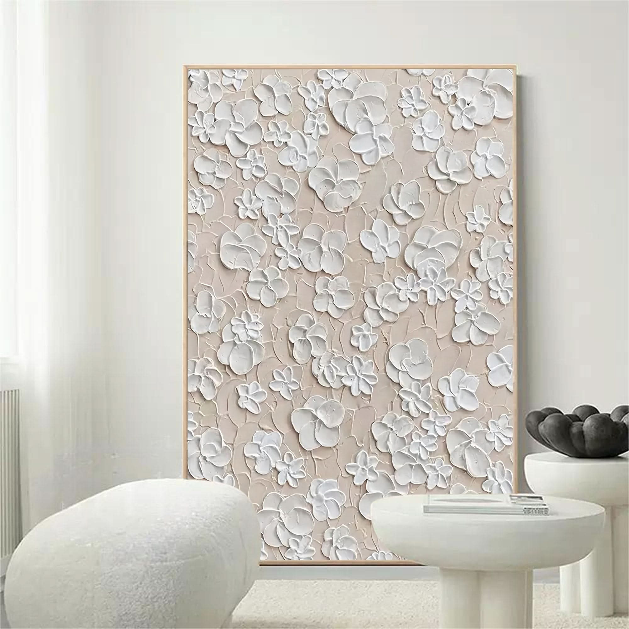White Flower 3D Plaster Art 3D Flower Textured Acrylic Painting White Flower Plaster Wall Art