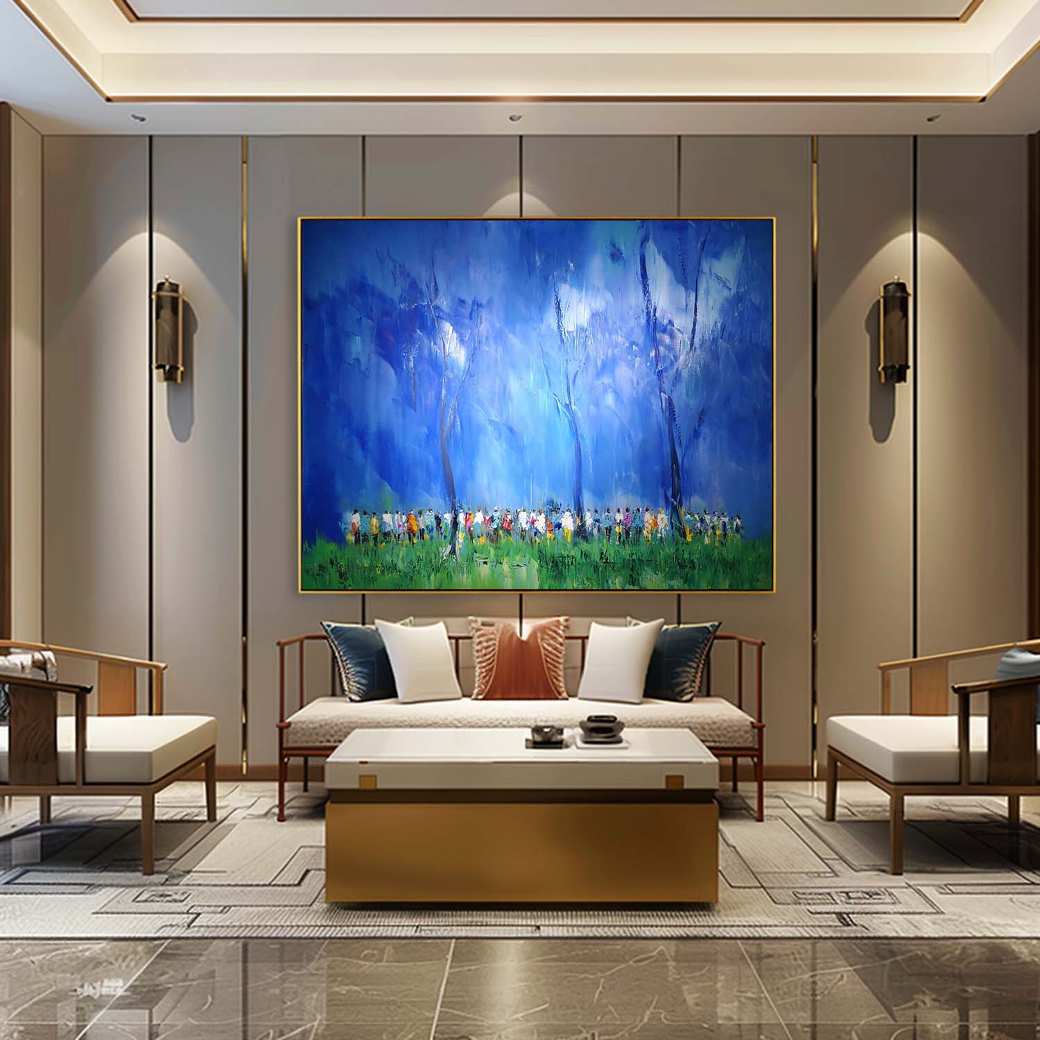 Large Blue Minimalist Oil Painting Modern Minimalist Blue Canvas Wall Art Blue Abstract Art For Sale