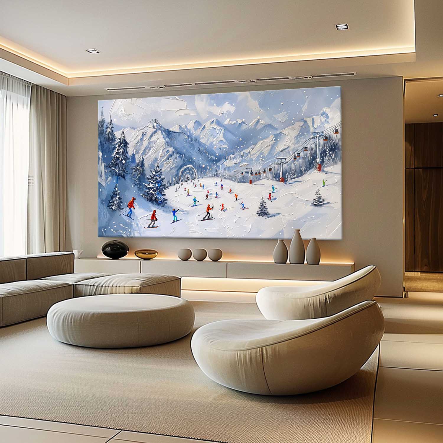 Large 3D Ski Resort Skier Texture Painting for Sale White Snow Mountain Ski Resort Skier Canvas Wall Art Decor