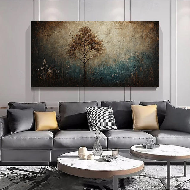 Ethereal Solitude-Textured Abstract Tree Landscape Horizontal Canvas Wall Art: Warm Brown & Teal Toned for Modern Bedroom/Living Room Decor