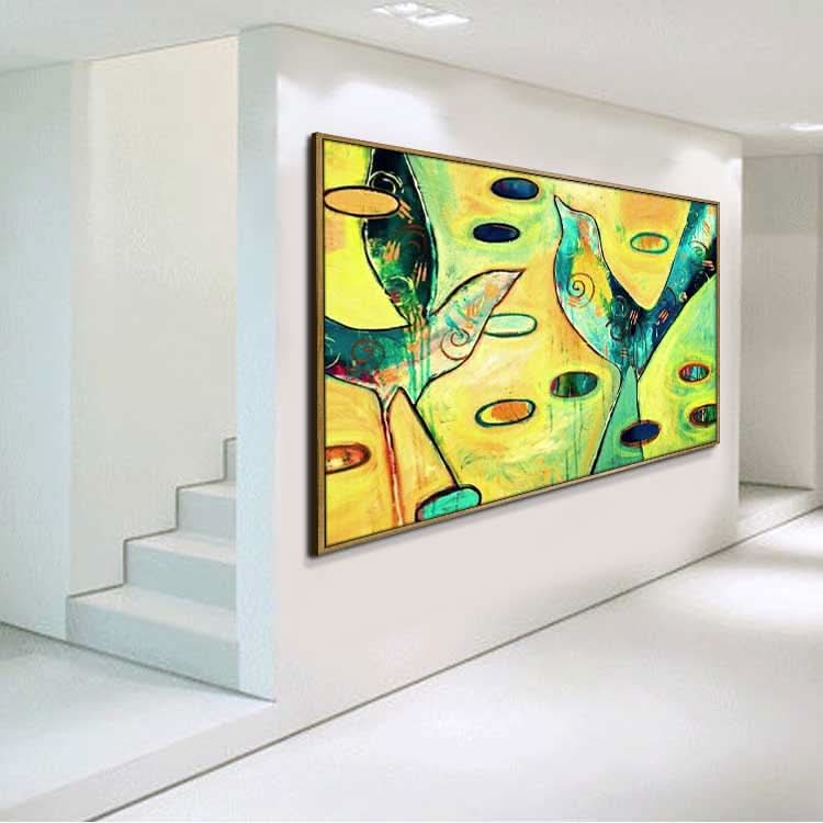 L'oiseau qui chante le matin - Peinture sur toile murale faite à la main représentant un oiseau