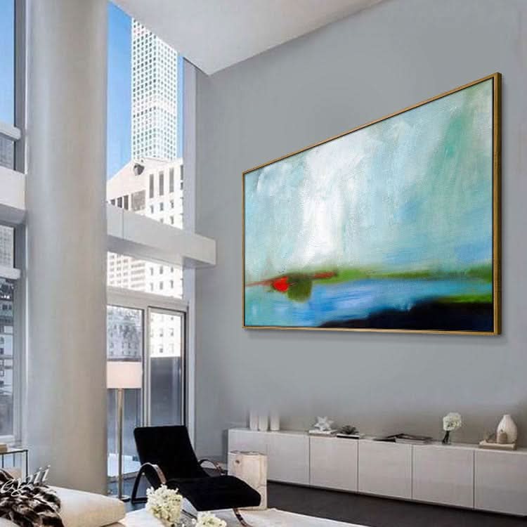 Toile murale abstraite, peinture abstraite originale bleue et verte | Taches de vert sur le lac