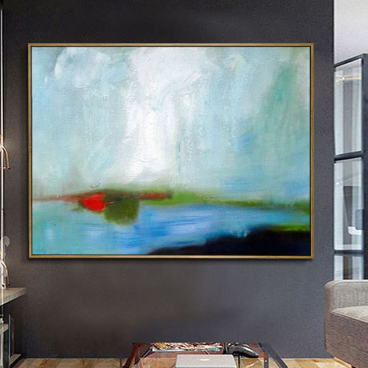 Toile murale abstraite, peinture abstraite originale bleue et verte | Taches de vert sur le lac