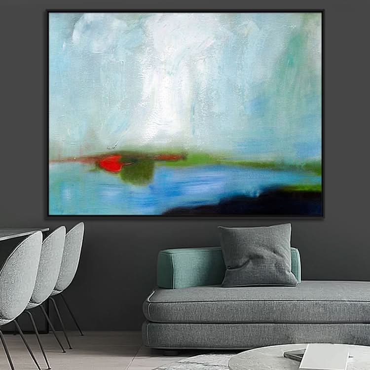 Toile murale abstraite, peinture abstraite originale bleue et verte | Taches de vert sur le lac