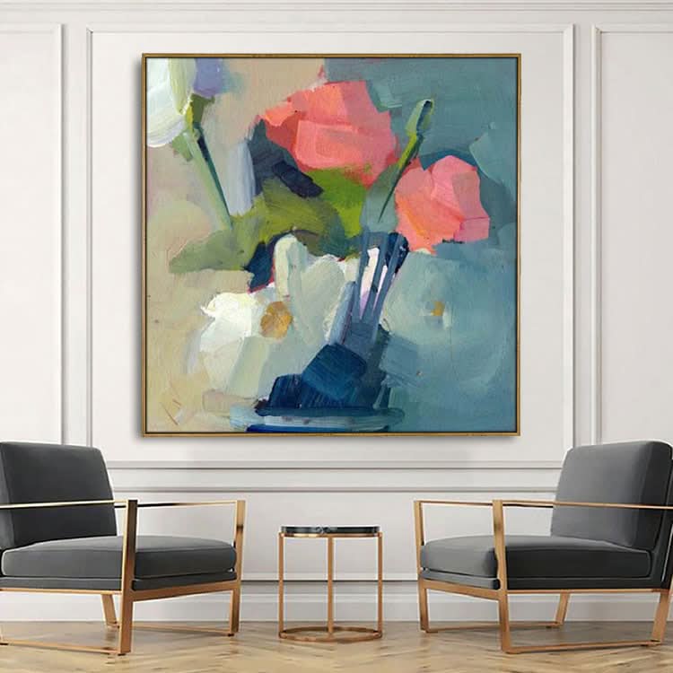 Pink and White Flowers In Vase - Handmade Modern Abstract Wall Art Flowers Oil Painting