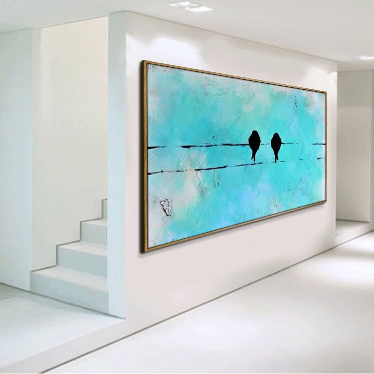 Aimer ensemble - Peinture à l'huile d'oiseau peinte à la main, art mural moderne en forme d'animal bleu sarcelle