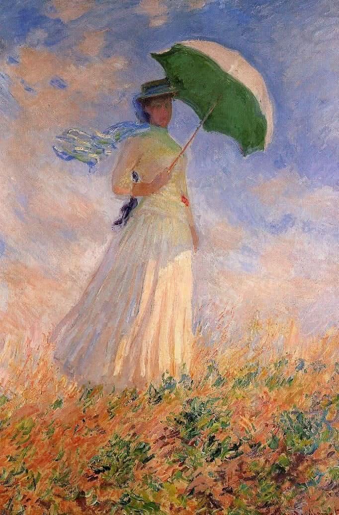 Femme avec un parasol tourné vers la droite