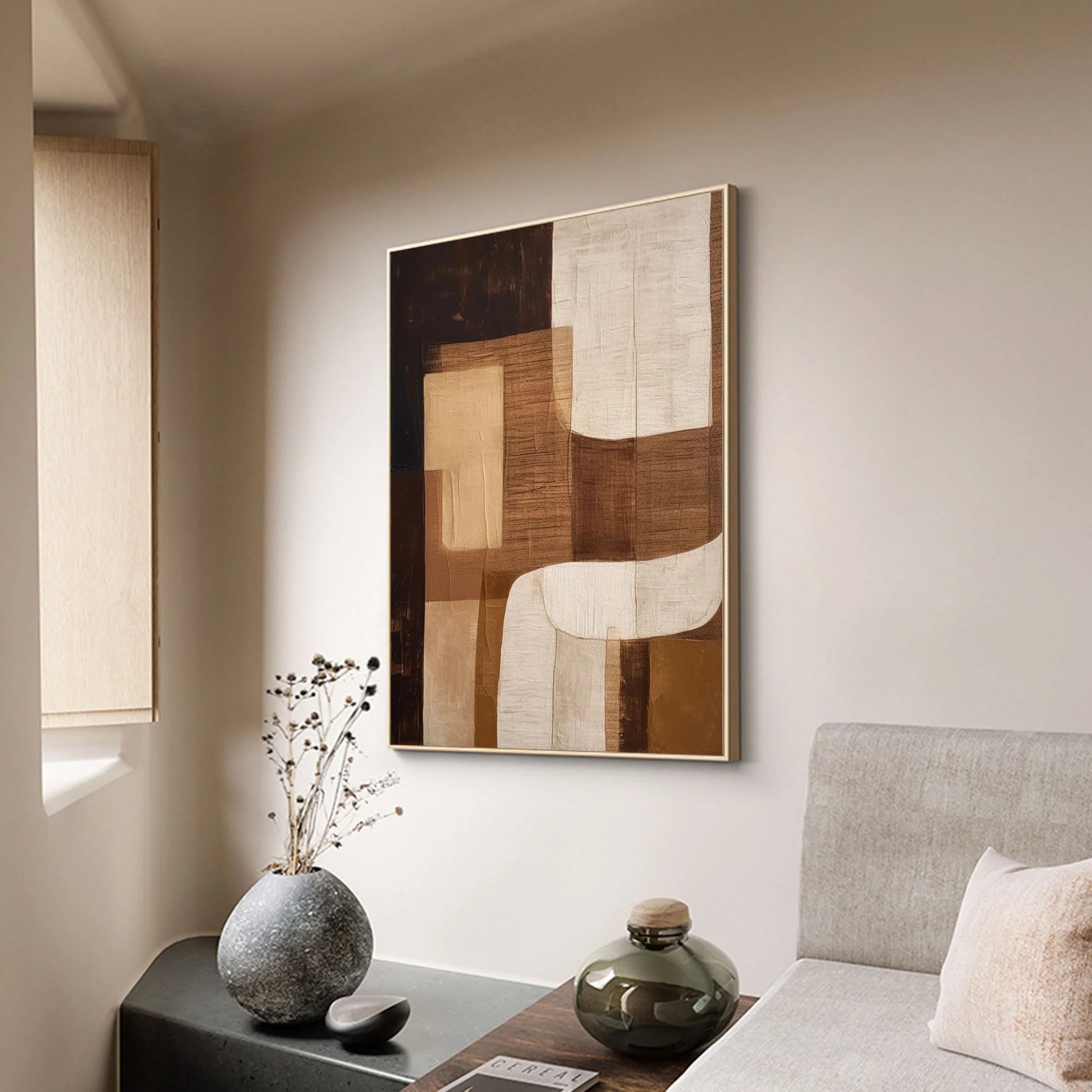 Eleanos Gallery Tan and Brown Wabi Sabi Big Canvas Abstract Wall Decor by Artist