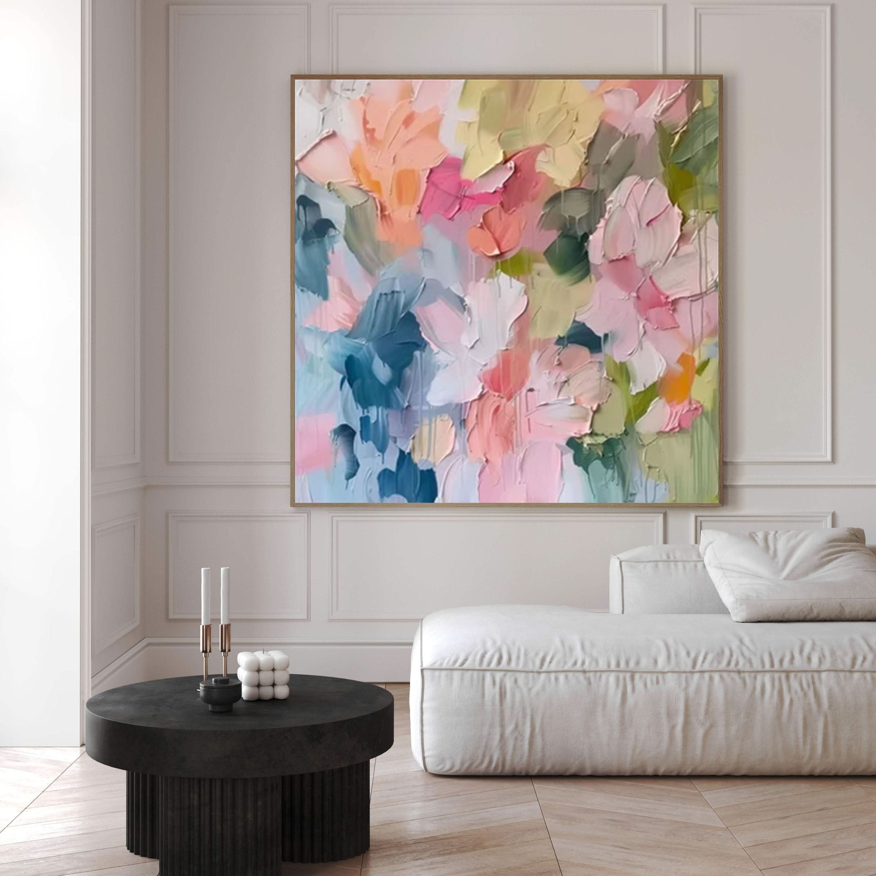 Blossoming Pink Peonies Canvas Art Impressionist Floral Wall Decor #FT 028
