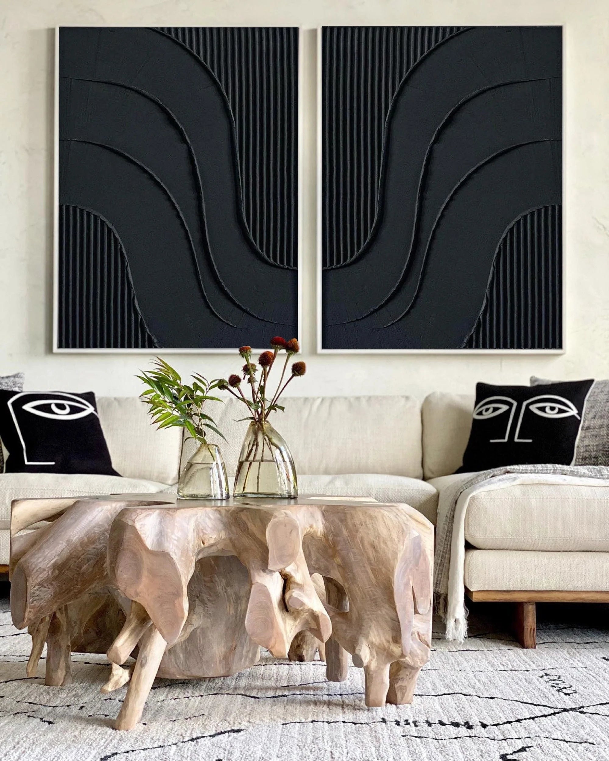 Set of 2 Black Minimalist Textured Original Painting, Large Modern Abstract Wall Decor