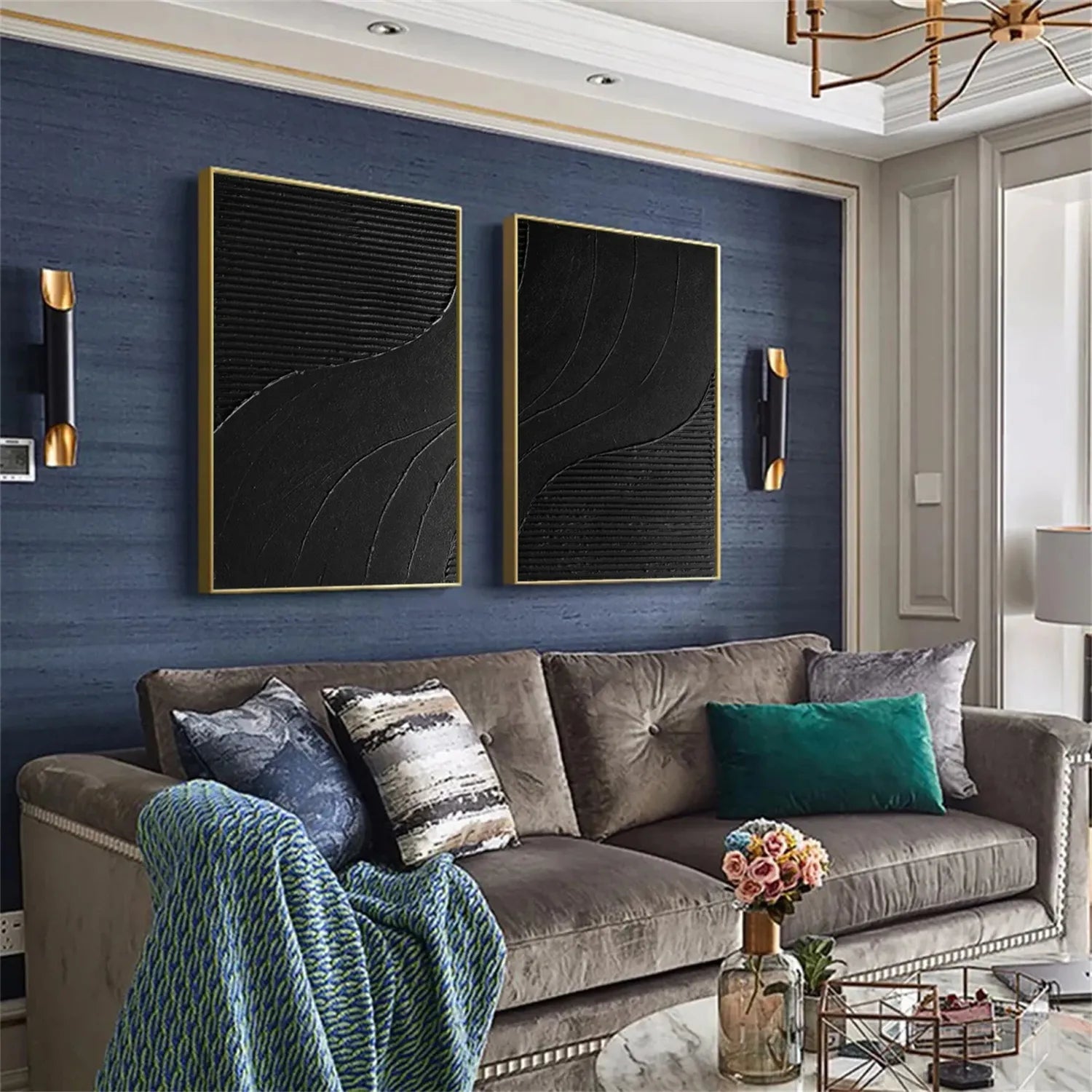 Black Minimalist Textured Paintings Canvas Set of 2 #MZ102