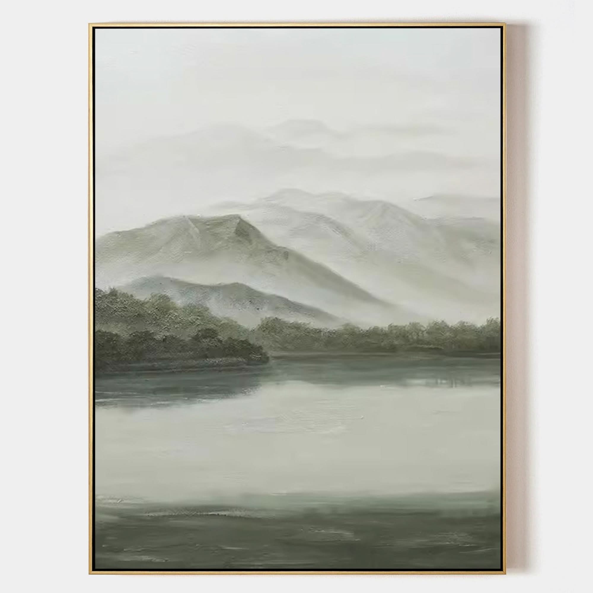 Gray and Green Landscape Oil Painting Gray and Green Landscape Wall Art Wabi-Sabi Interior Design