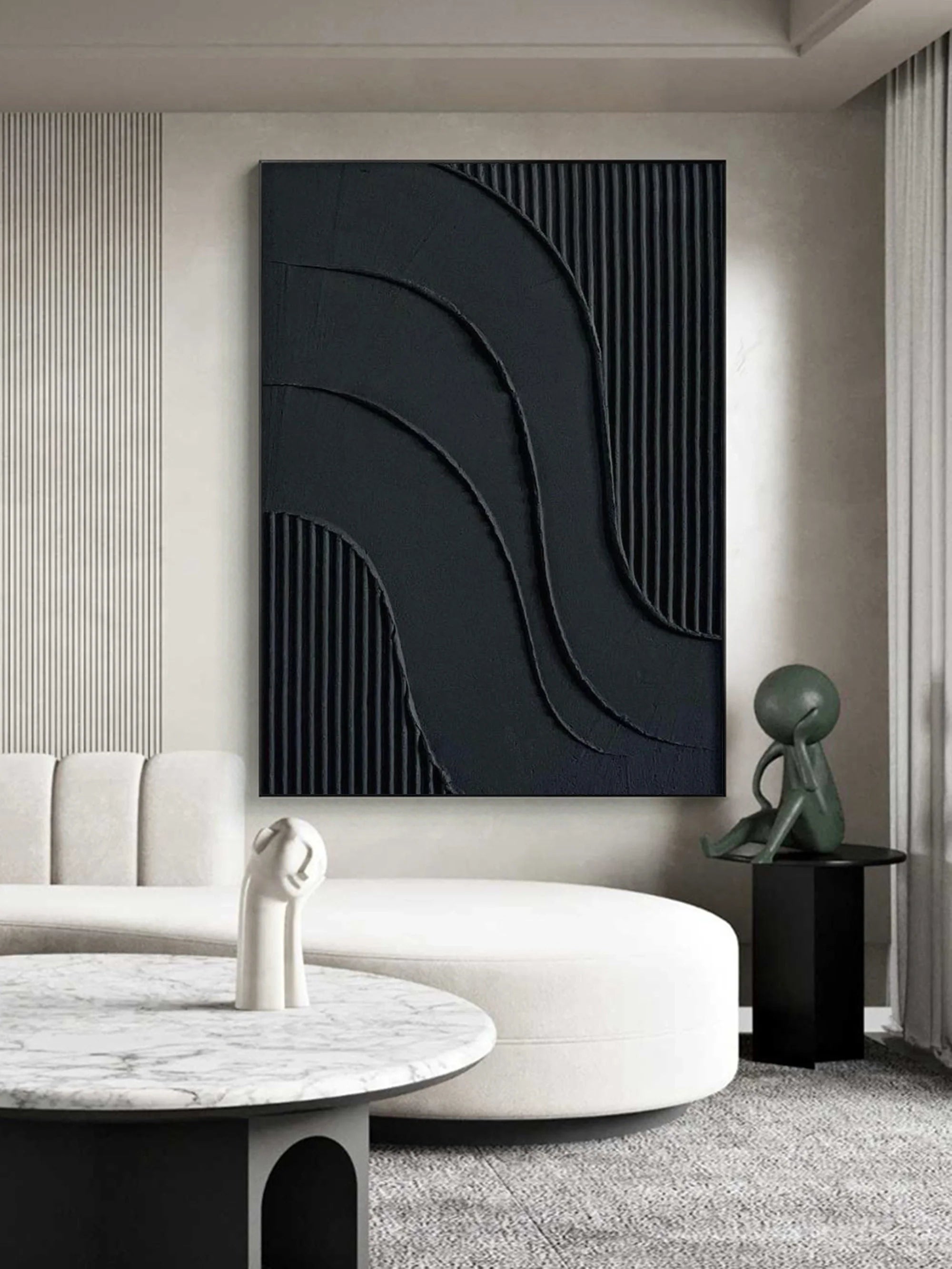 Black 3D Textured Minimalist Original Handcrafted Painting On Canvas Large Abstract Wall Art Luxury Modern Home Decor