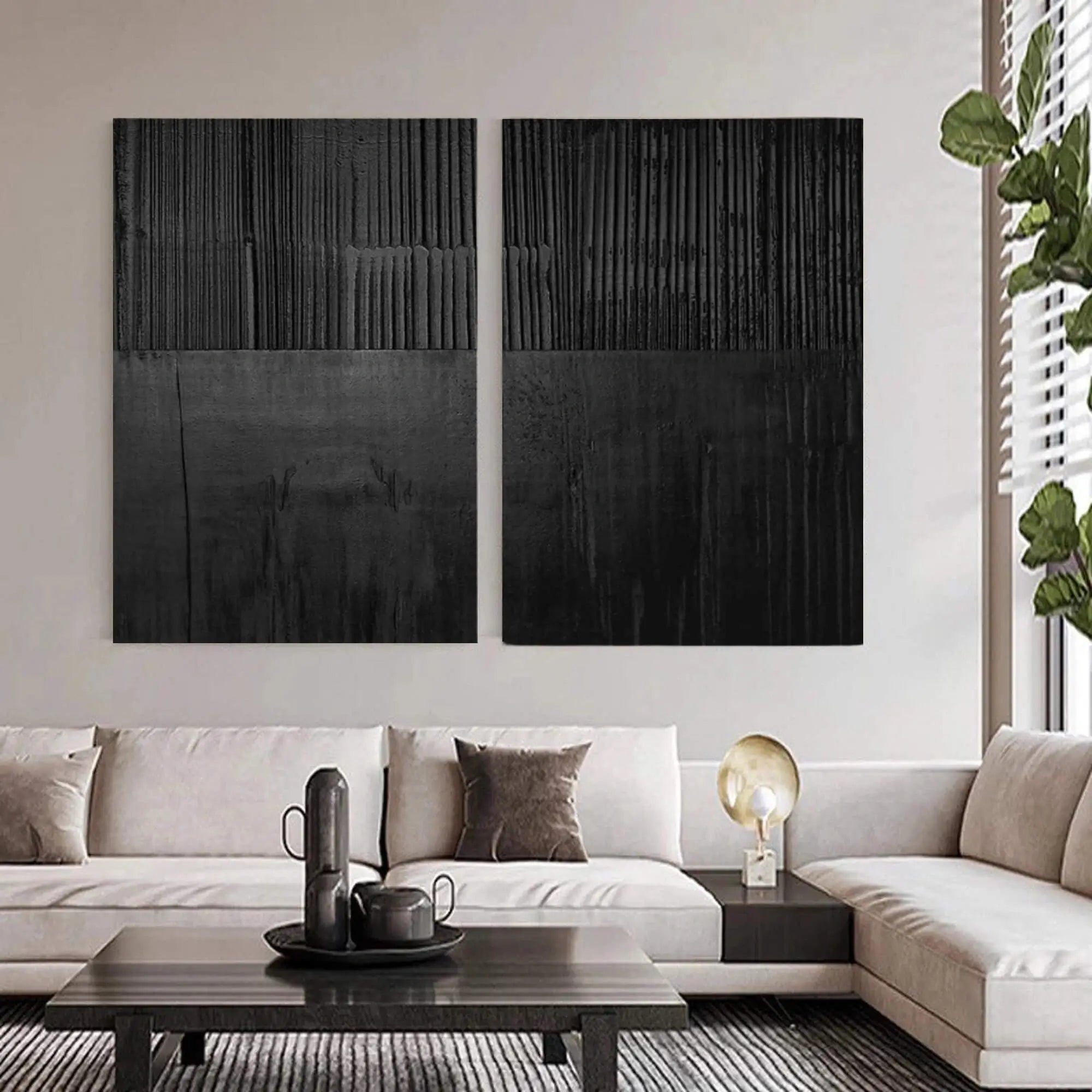 Set of 2 Minimalist Black Textured Original Painting Wall Decor