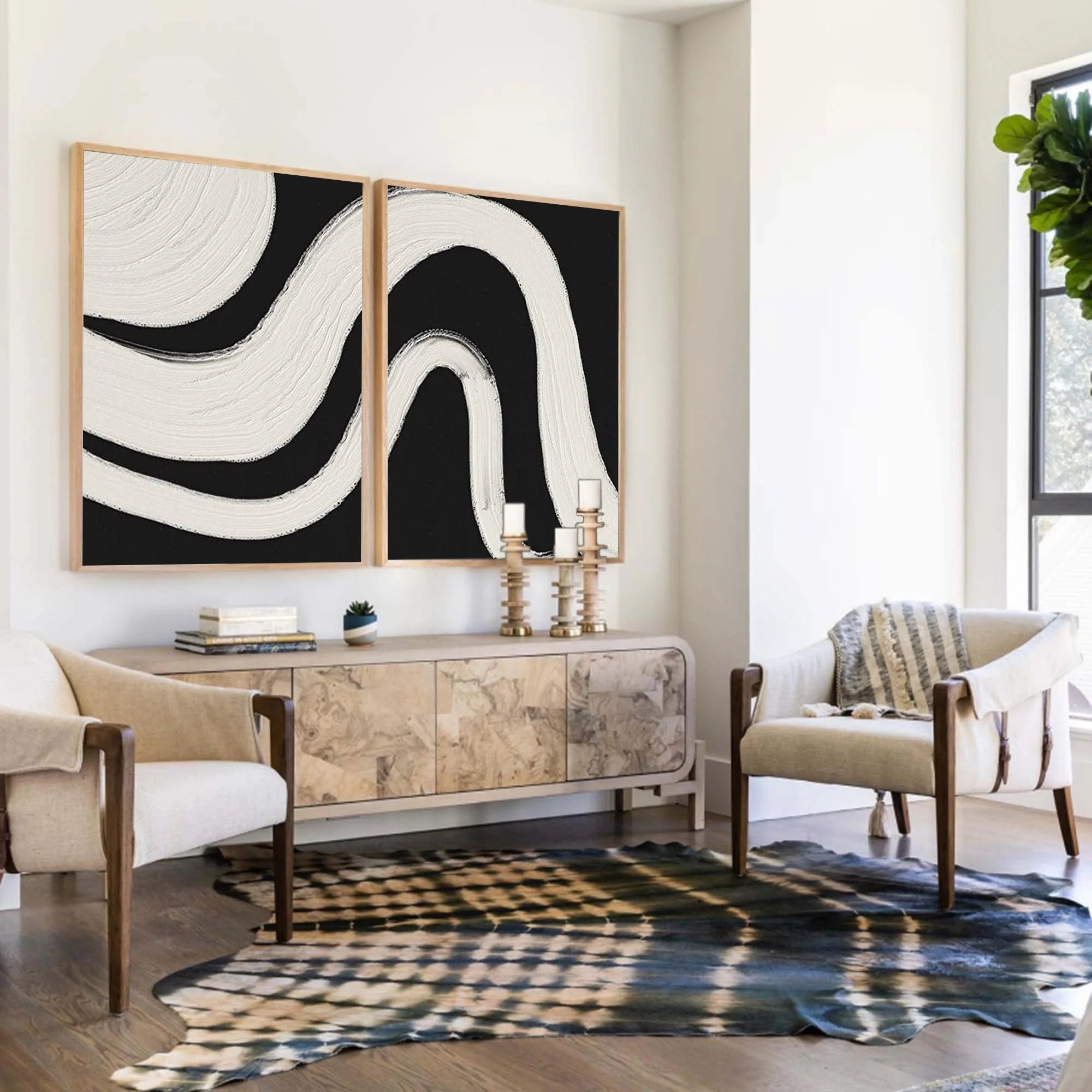 Geometrical Curved Wabi Sabi Abstract Painting Black White Artwork Set of 2