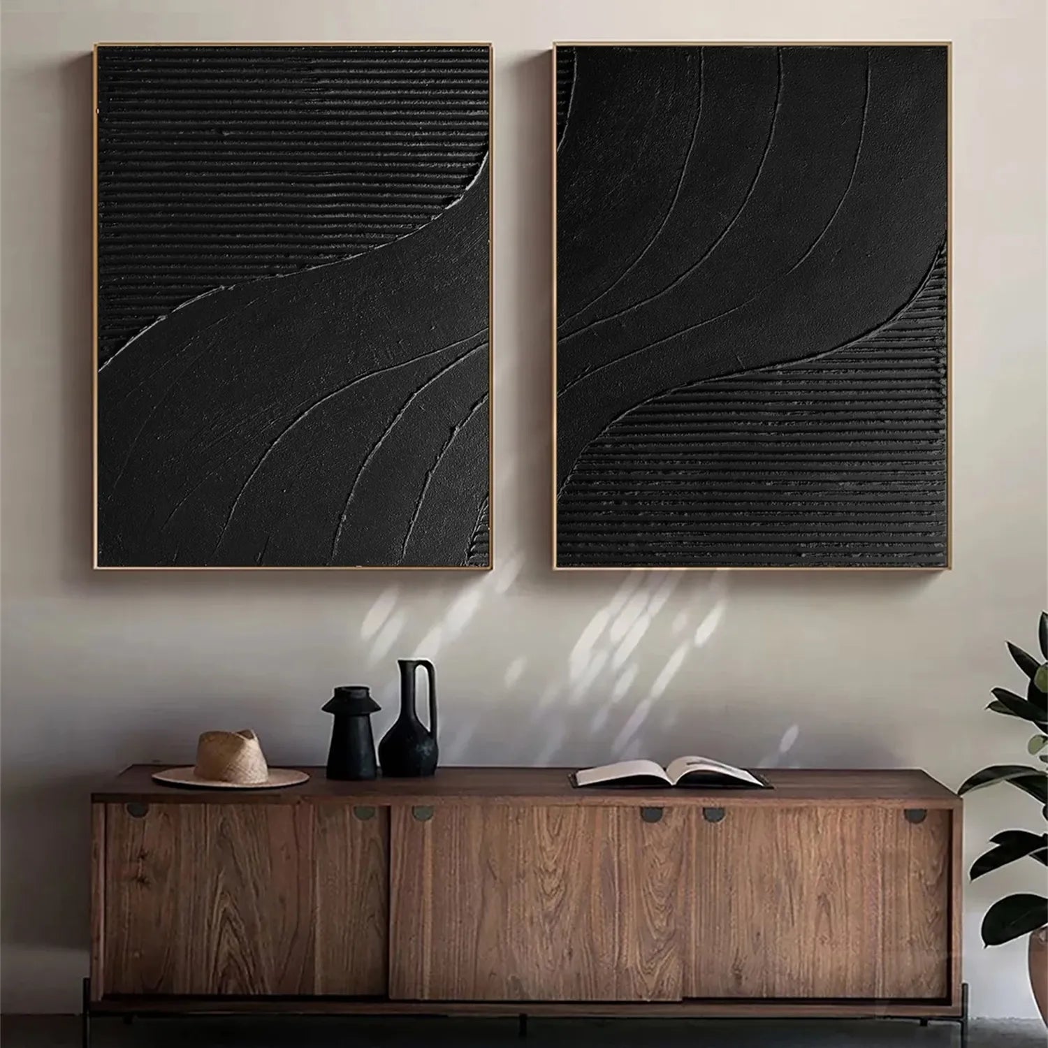 Black Minimalist Textured Paintings Canvas Set of 2 #MZ102