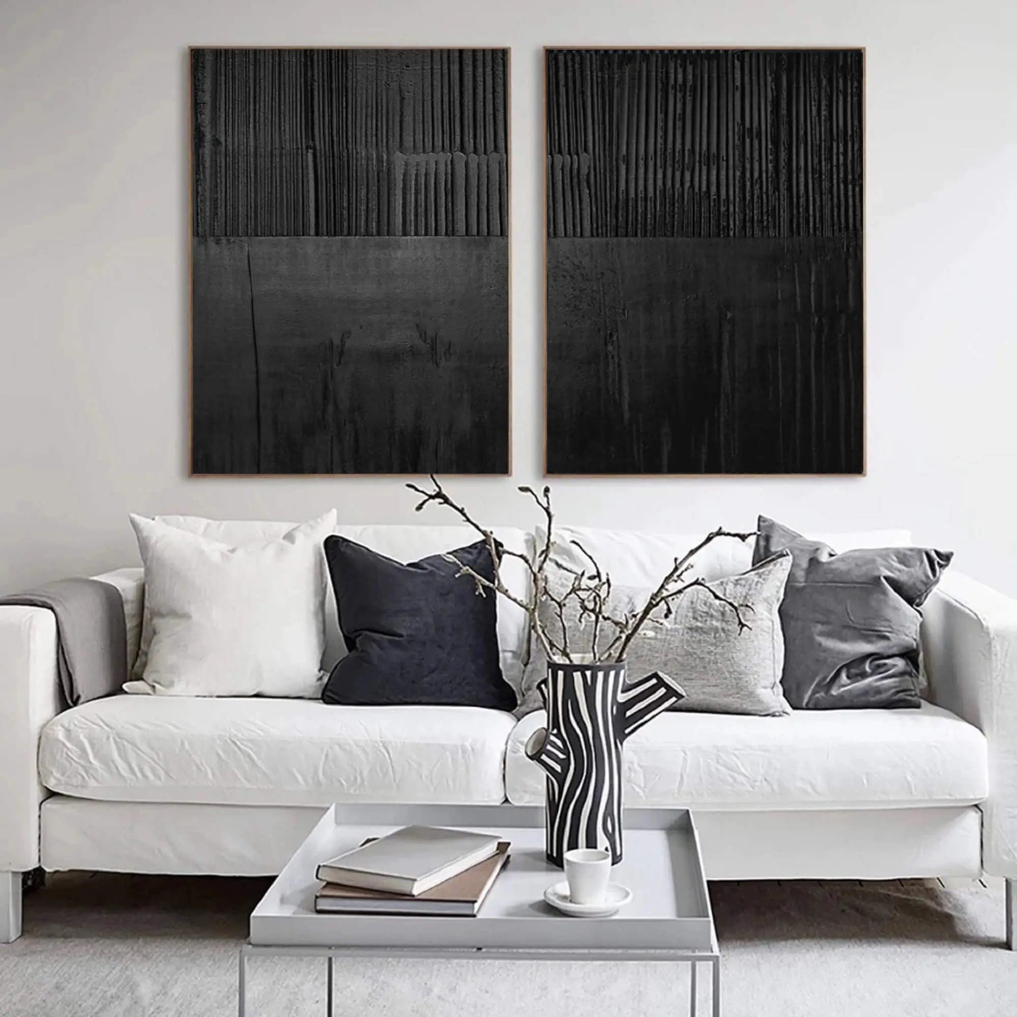 Set of 2 Minimalist Black Textured Original Painting Wall Decor