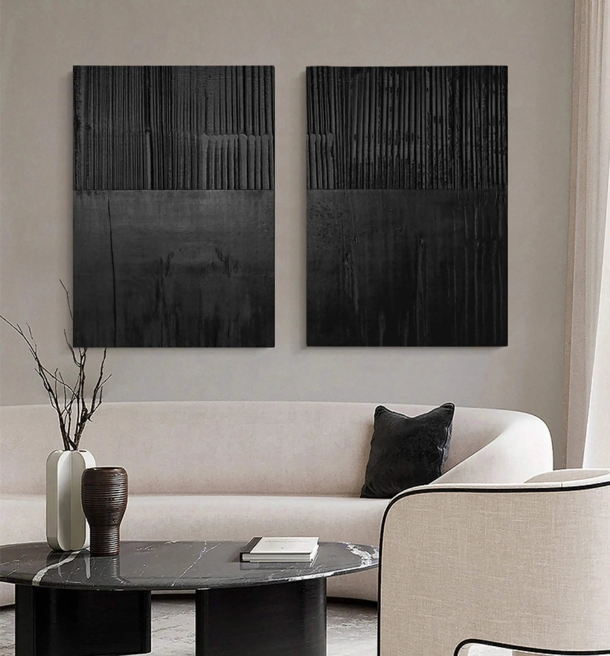 Set of 2 Minimalist Black Textured Original Painting Wall Decor
