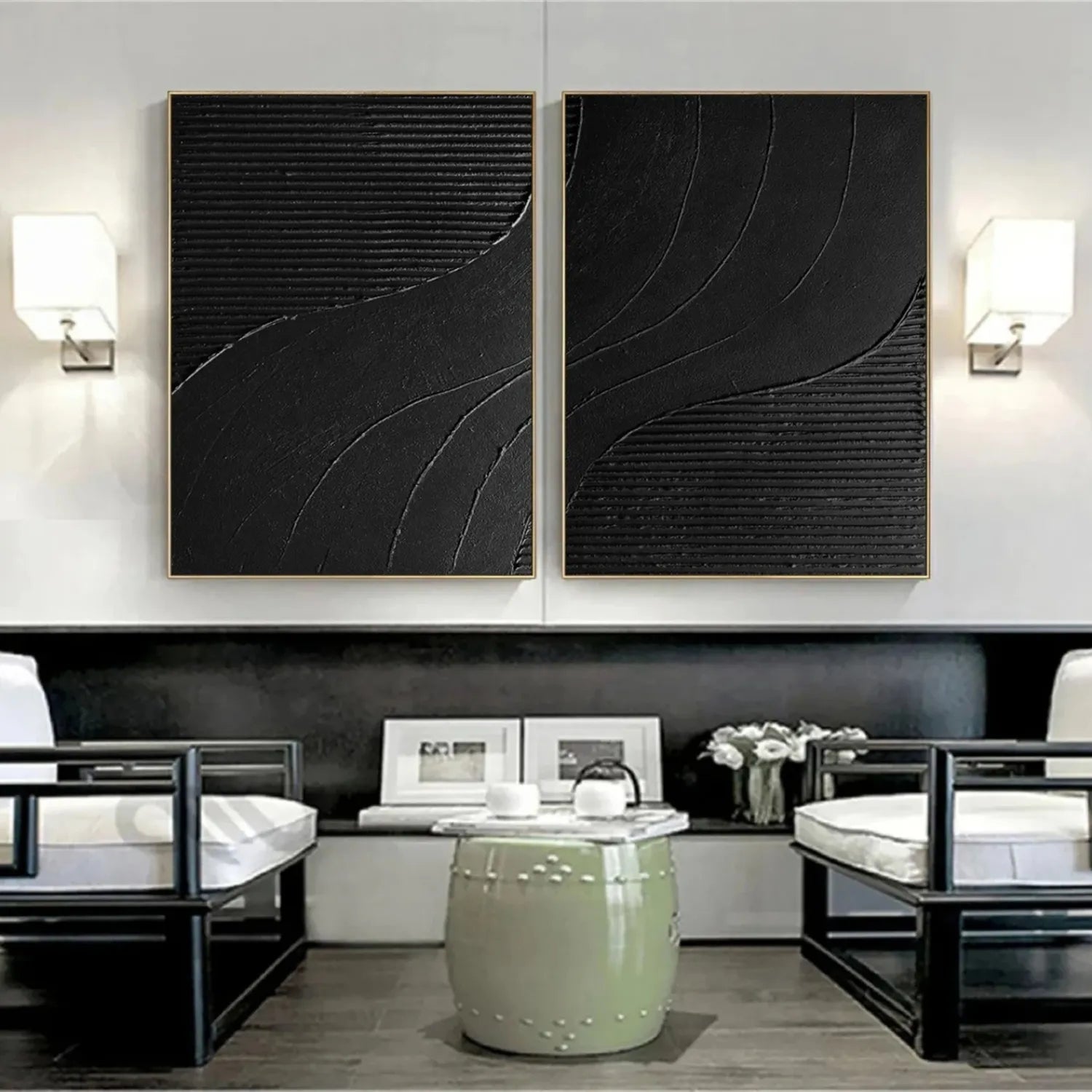 Black Minimalist Textured Paintings Canvas Set of 2 #MZ102