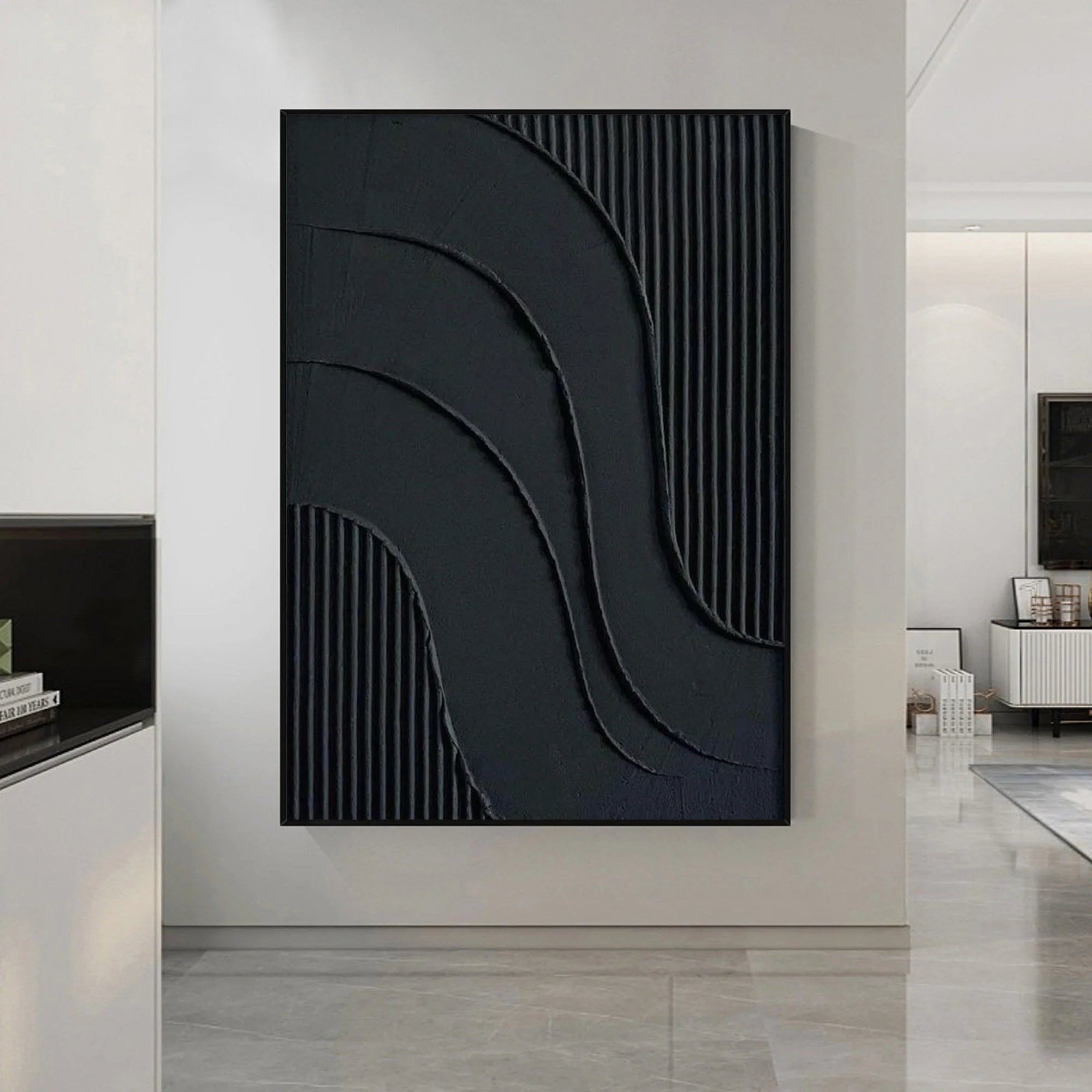 Black 3D Textured Minimalist Original Handcrafted Painting On Canvas Large Abstract Wall Art Luxury Modern Home Decor