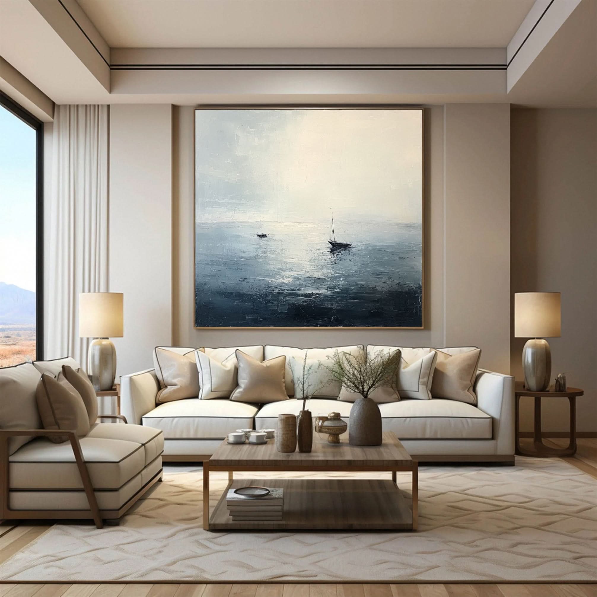 Oceanic Calm Distant Boats Painting for Relaxing Interiors #BBA 040