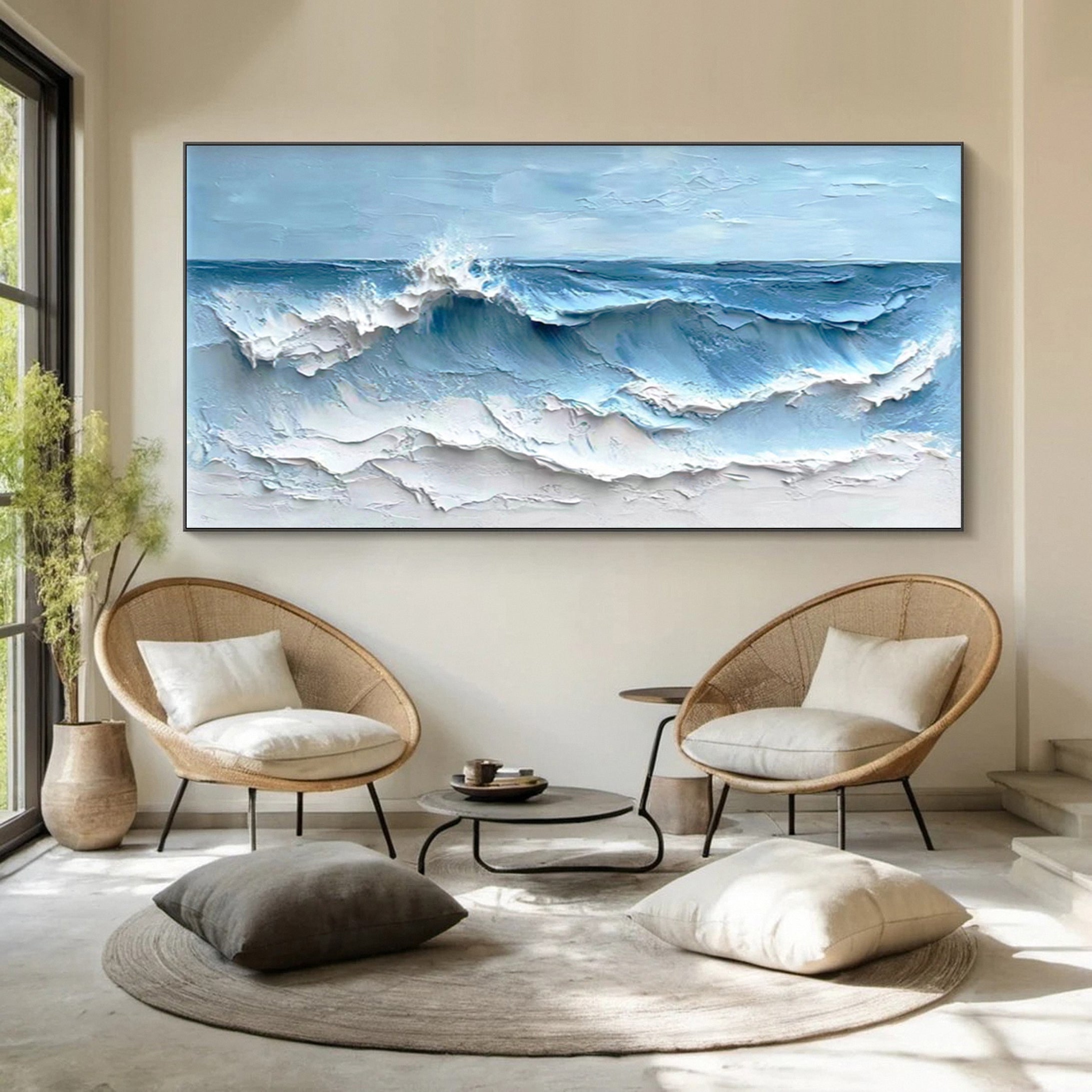 Coastal Serenity Textured Ocean Waves Oil Painting for Living Room #OP
