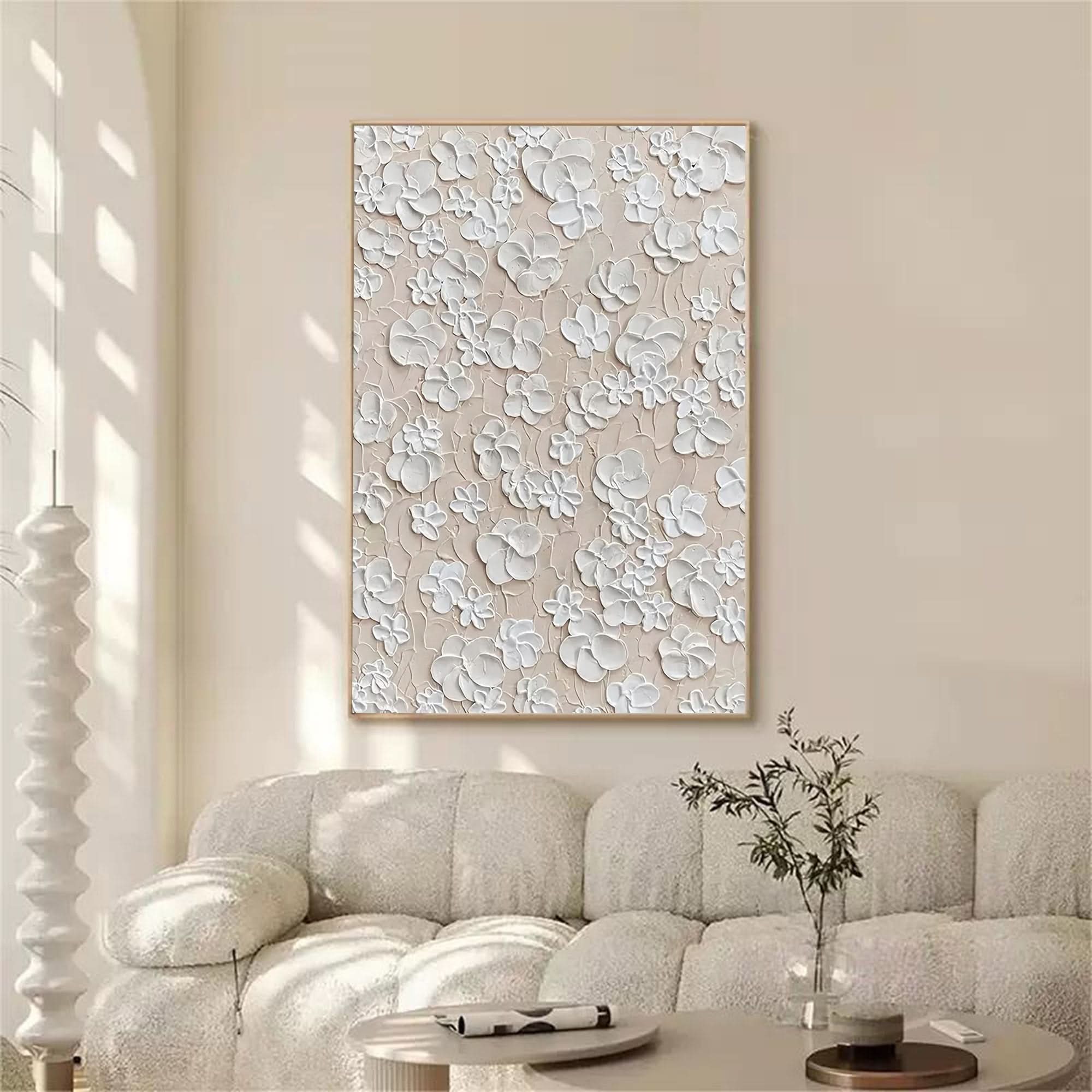 White Flower 3D Plaster Art 3D Flower Textured Acrylic Painting White Flower Plaster Wall Art