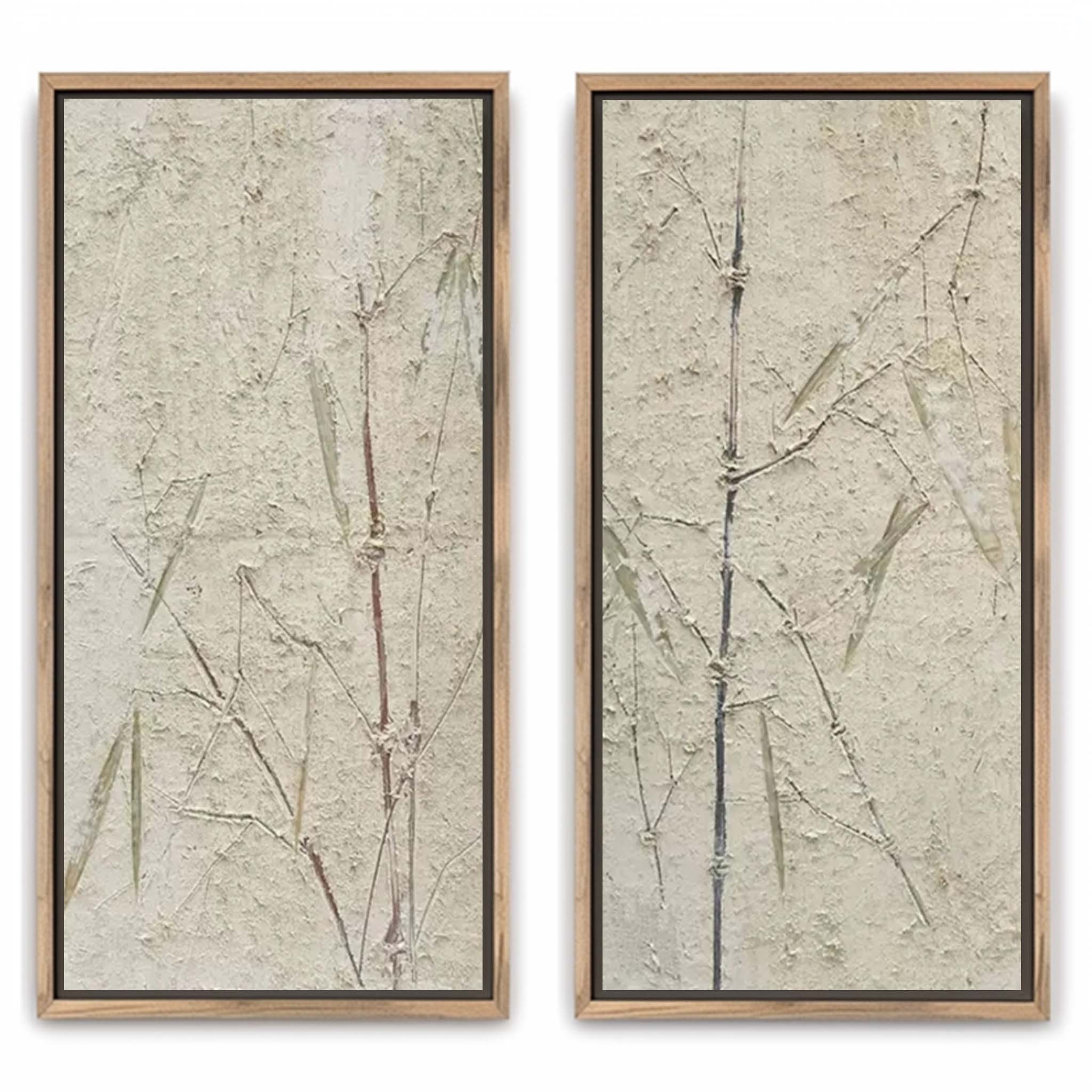 Beige and Green Bamboo Texture Painting Set of 2 Bamboo Minimalist Canvas Wall Art Wabi Sabi Art