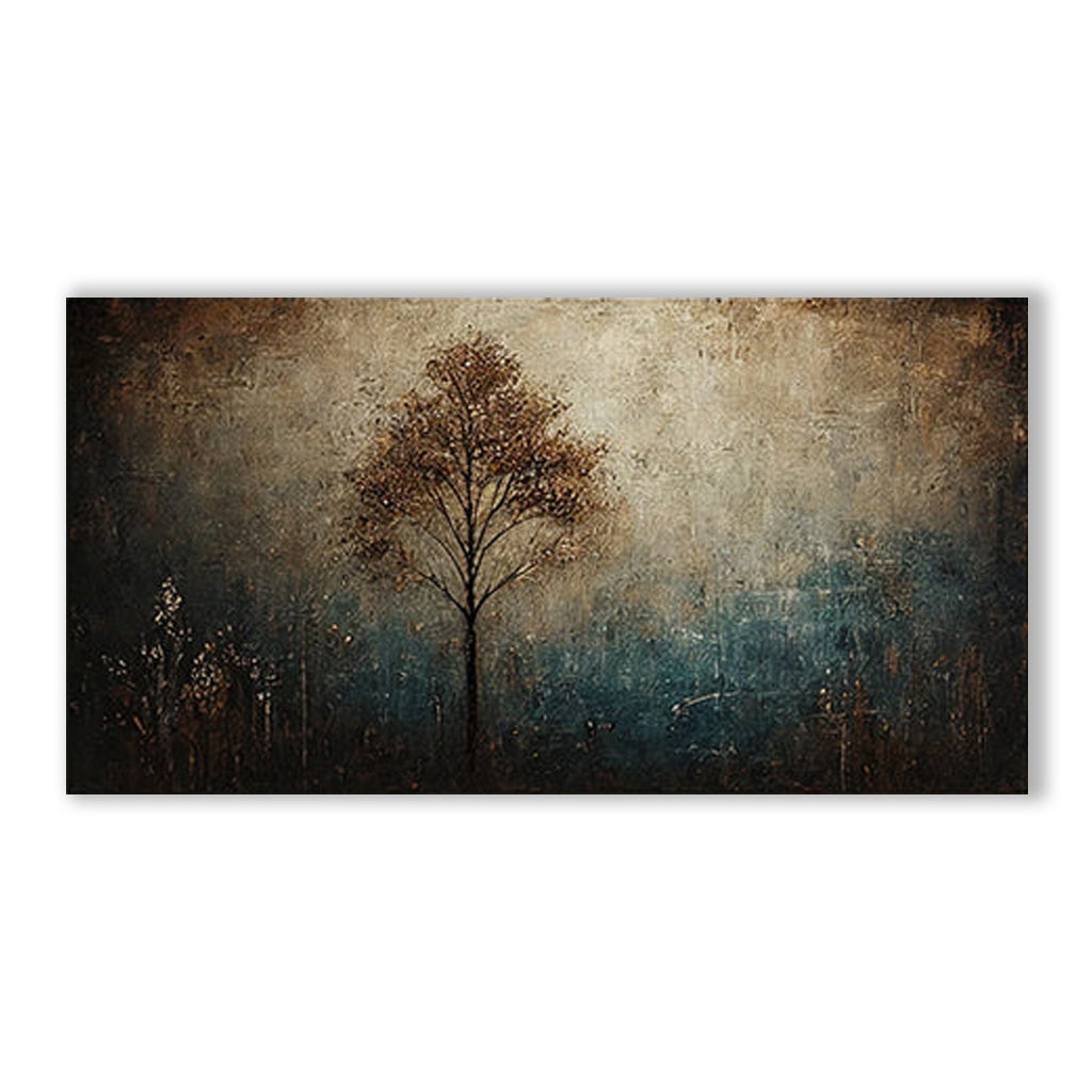 Textured Abstract Tree Landscape Horizontal Canvas Wall Art: Warm Brown & Teal Toned for Modern Bedroom/Living Room Decor