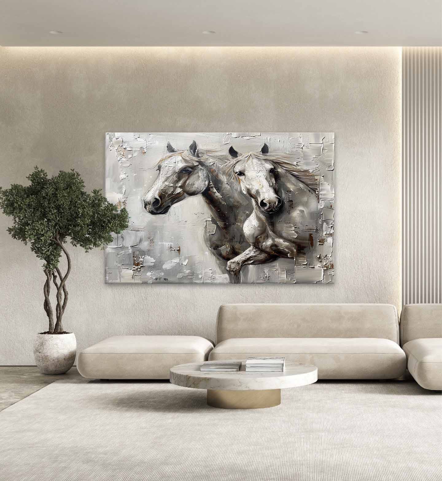 Large Wabi Sabi Horse Canvas Wall Painting Decor White Horse Canvas Art Modern White Horse Wall Art