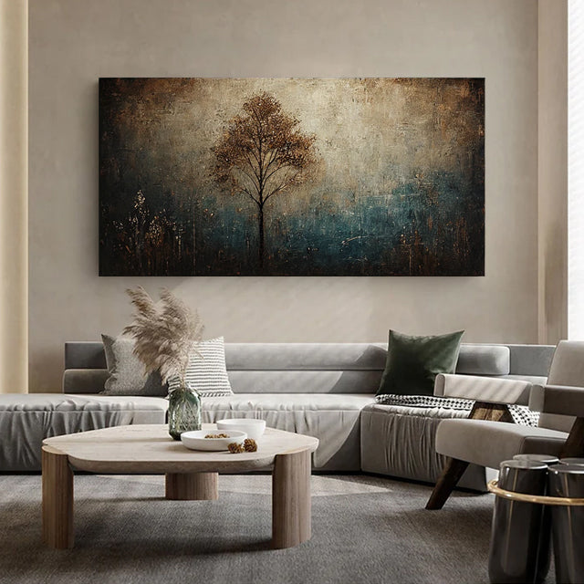 Ethereal Solitude-Textured Abstract Tree Landscape Horizontal Canvas Wall Art: Warm Brown & Teal Toned for Modern Bedroom/Living Room Decor