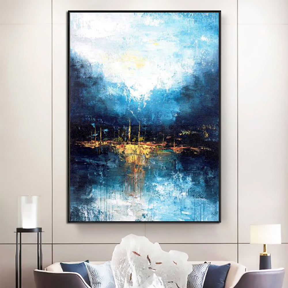 Walking by the Moonlight-Abstract Blue Water Reflection Wall Art - Framed Textured Home Decor