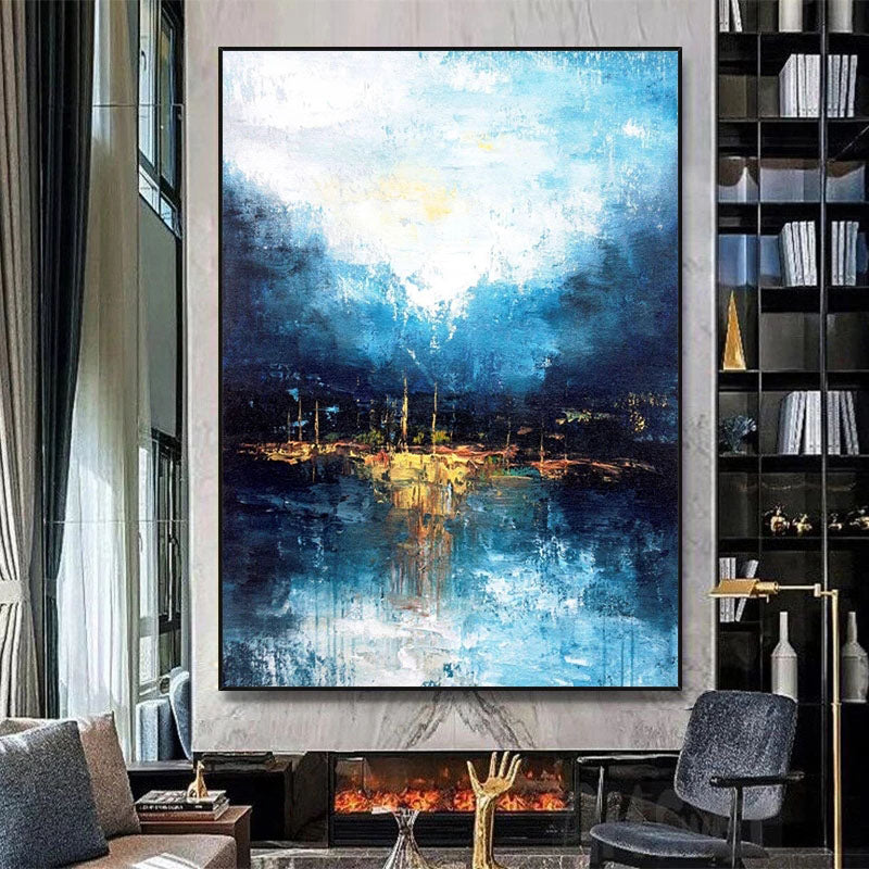 Walking by the Moonlight-Abstract Blue Water Reflection Wall Art - Framed Textured Home Decor