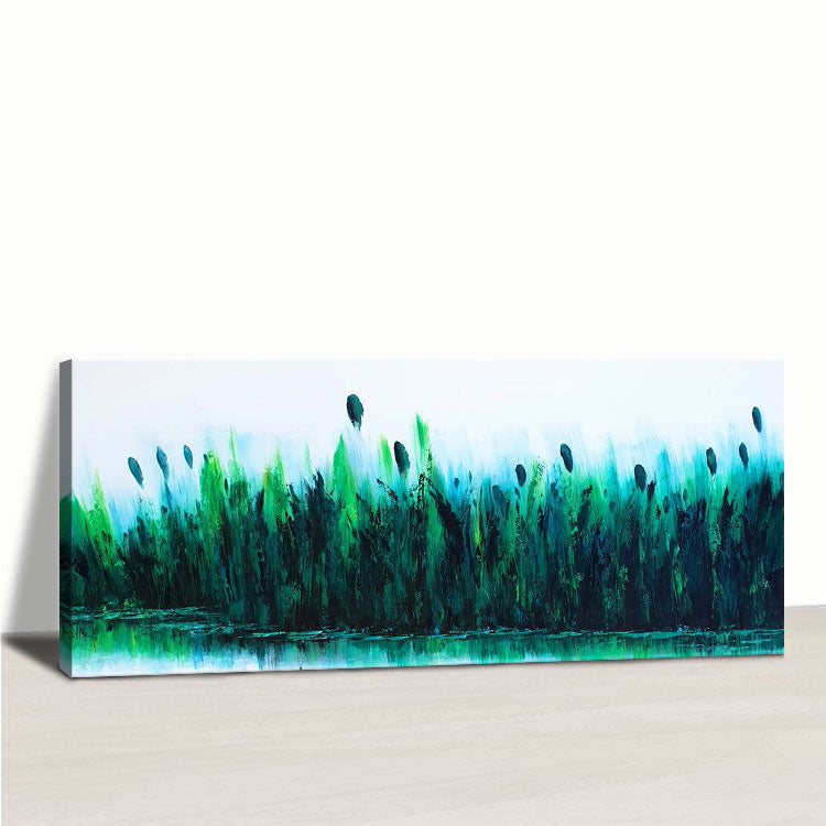 Modern Wall Decor Oil Painting Handmade Oil Painting Original Art Living Room Deep Blue Abstract Art Green Painting | Reed marshes