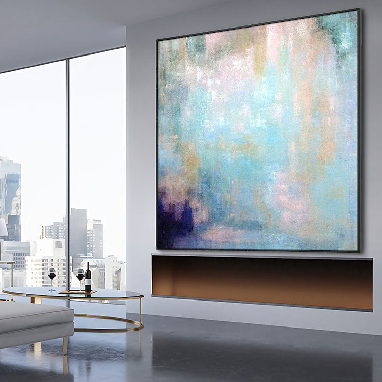 Light Blue Abstract Art Green Painting Living Room Painting Handmade Large Modern Painting | Peaceful mountain village
