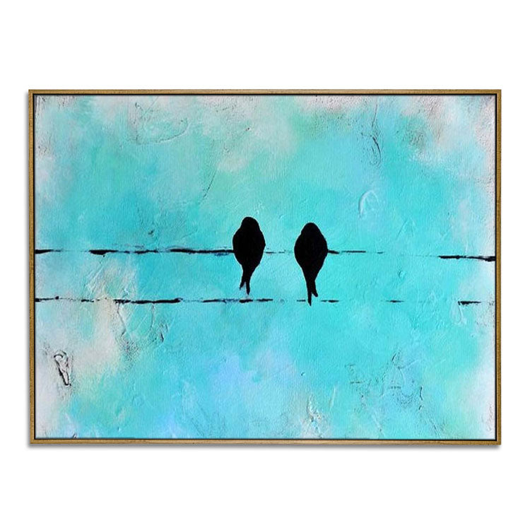 Loving Together - Hand Painted Bird Oil Painting Teal Modern Animal Wall Art