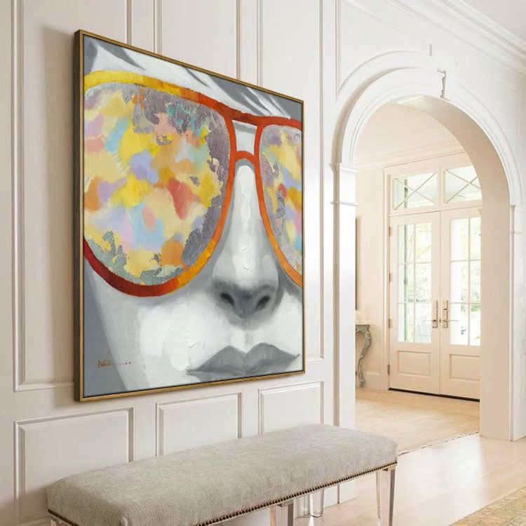 Peinture à l'huile originale abstraite peinte à la main, peinture originale de fille | La fille avec des lunettes 