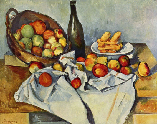 Still life with bottle and apple basket