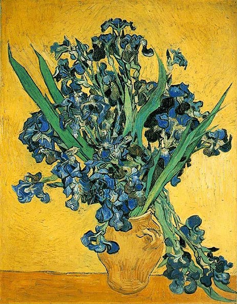 Vase with Irises Against a Yellow Background